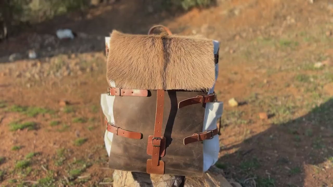 Goat Fur , Canvas and Leather Bag | Bushcraft | Camping | Outdoor | Hiking | Handmade Backpack l  | 30,40,50 Litres option