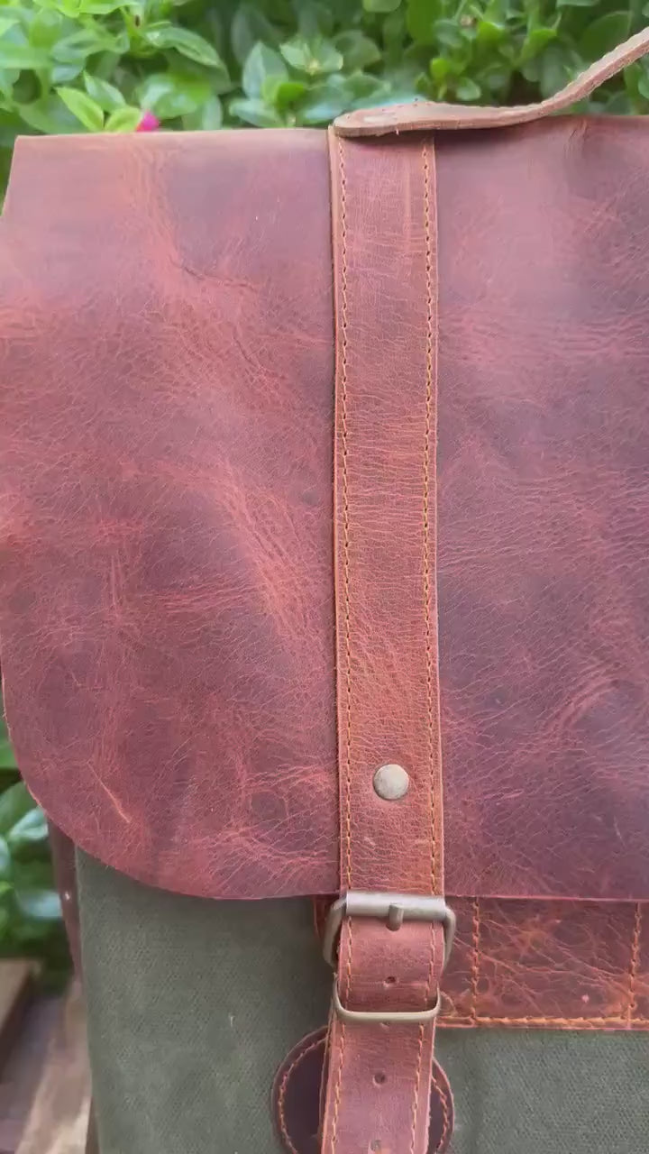 Handmade Leather and Waxed Canvas Laptop Bag – Vintage Messenger Briefcase with Shoulder Strap, Fits 15-16 Inch Computer 99percenthandmade