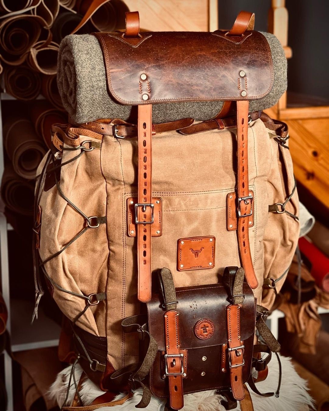 Model Name : Babylon Beige | Custom Leather-Canvas Backpack with Leather Flap, You can Redesign-Customize the item | 30 Liter to 80 Liter Options (Many variants Photos)) bushcraft - camping - hiking backpack 99percenthandmade   