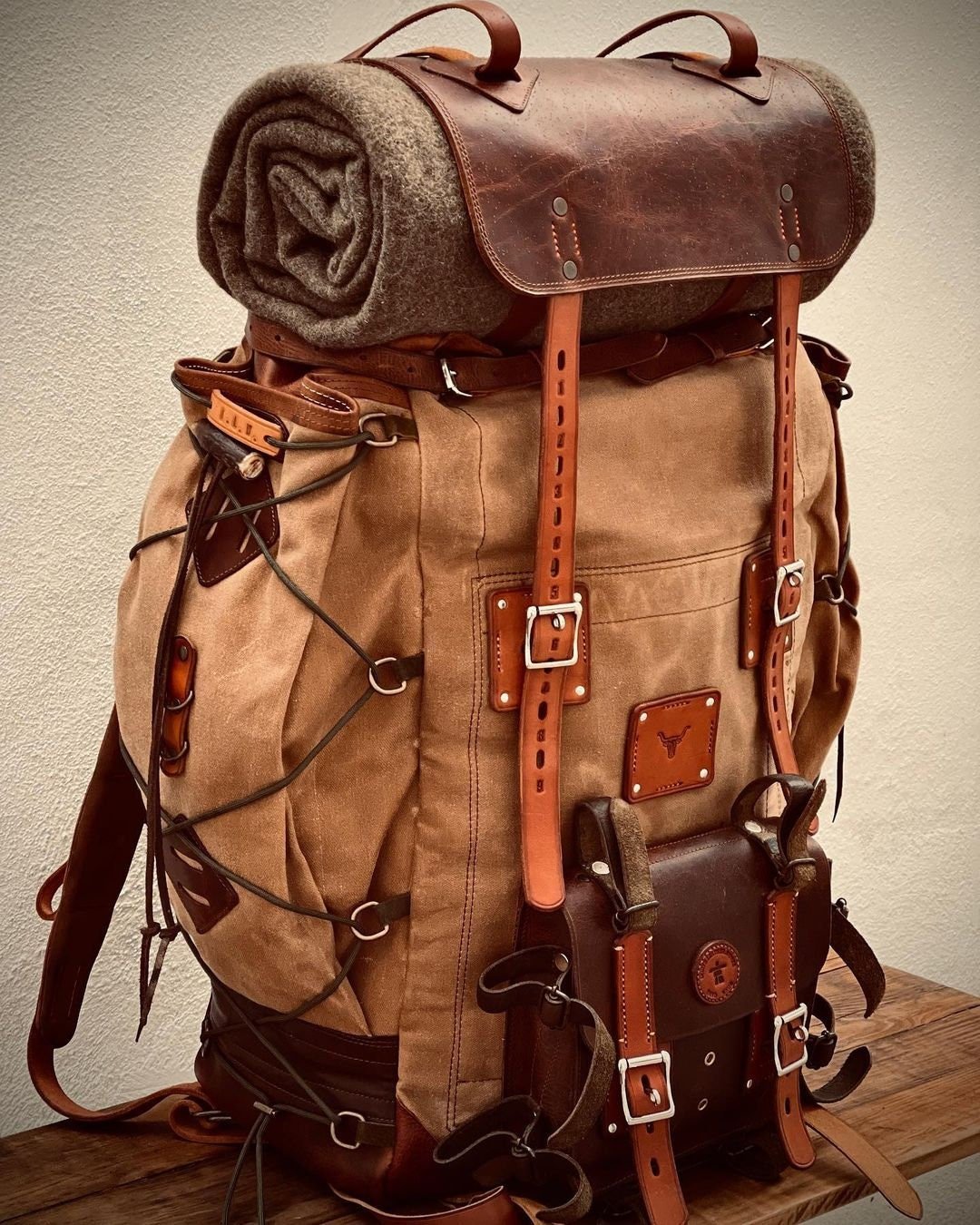 Model Name : Babylon Beige | Custom Leather-Canvas Backpack with Leather Flap, You can Redesign-Customize the item | 30 Liter to 80 Liter Options (Many variants Photos)) bushcraft - camping - hiking backpack 99percenthandmade   