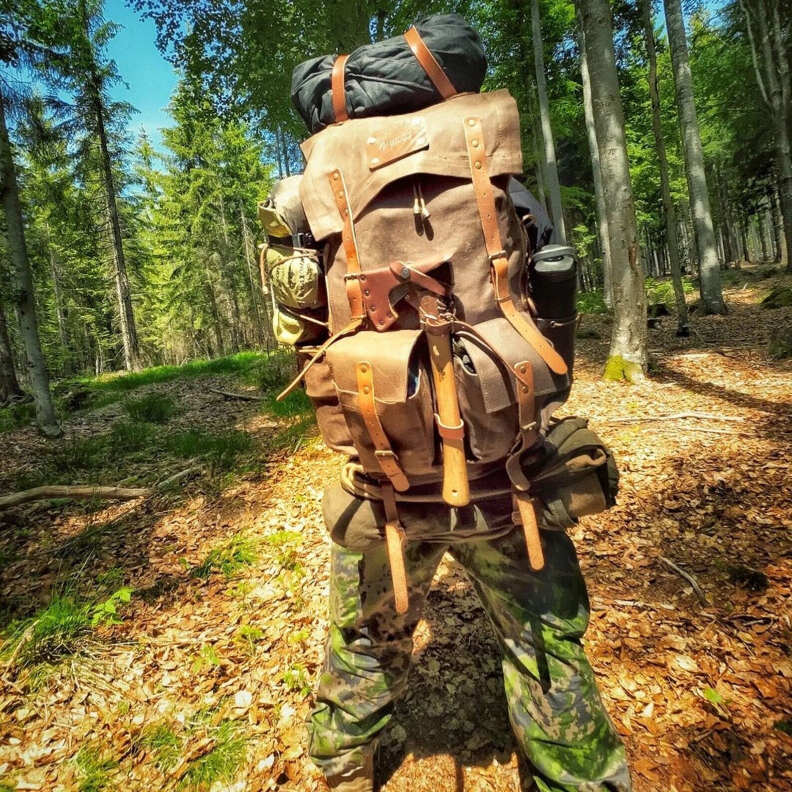 30 to 80 Liter Camping Backpack Handmade Leather and Waxed Canvas, Colors: Brown, Green, Black unlimited personalization  99percenthandmade   
