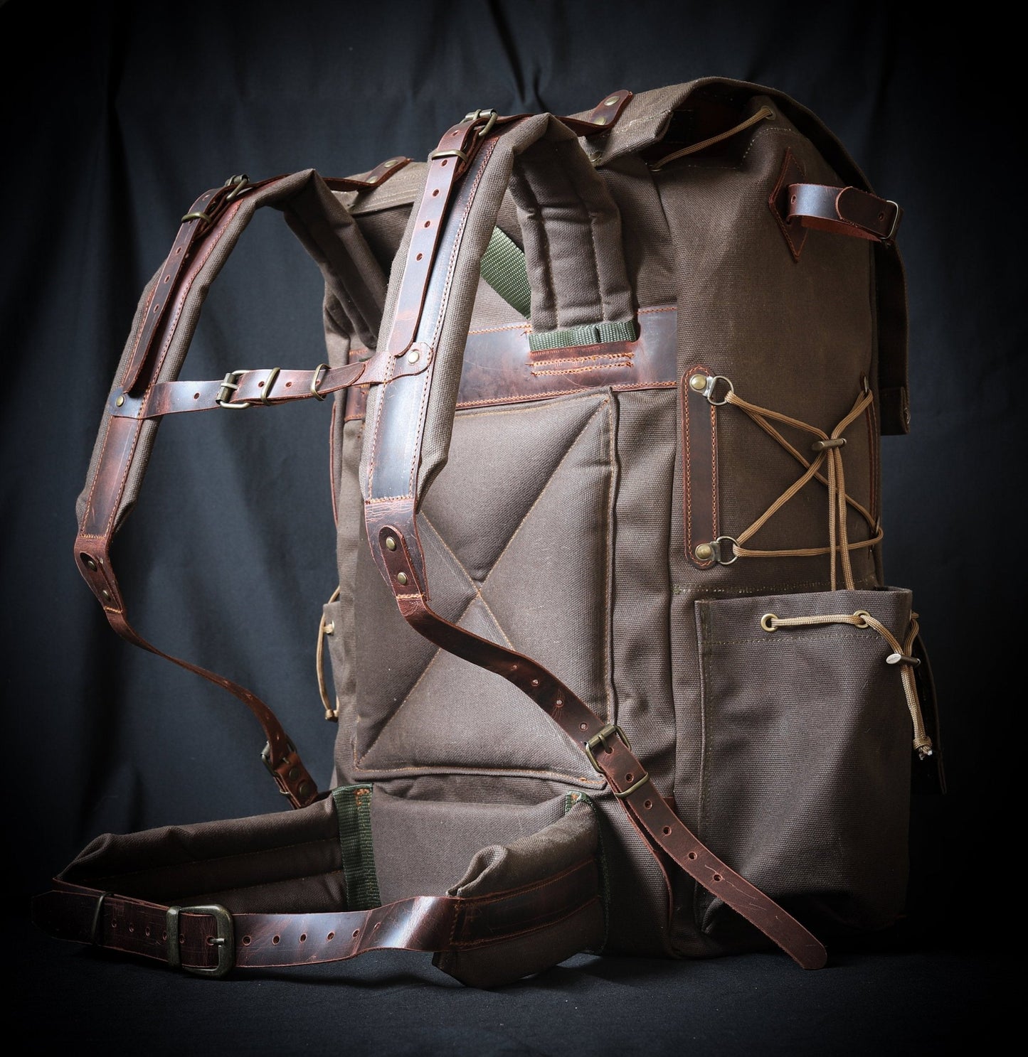 30 to 80 Liter Camping Backpack Handmade Leather and Waxed Canvas, Colors: Brown, Green, Black unlimited personalization  99percenthandmade Brown 30 Liters 