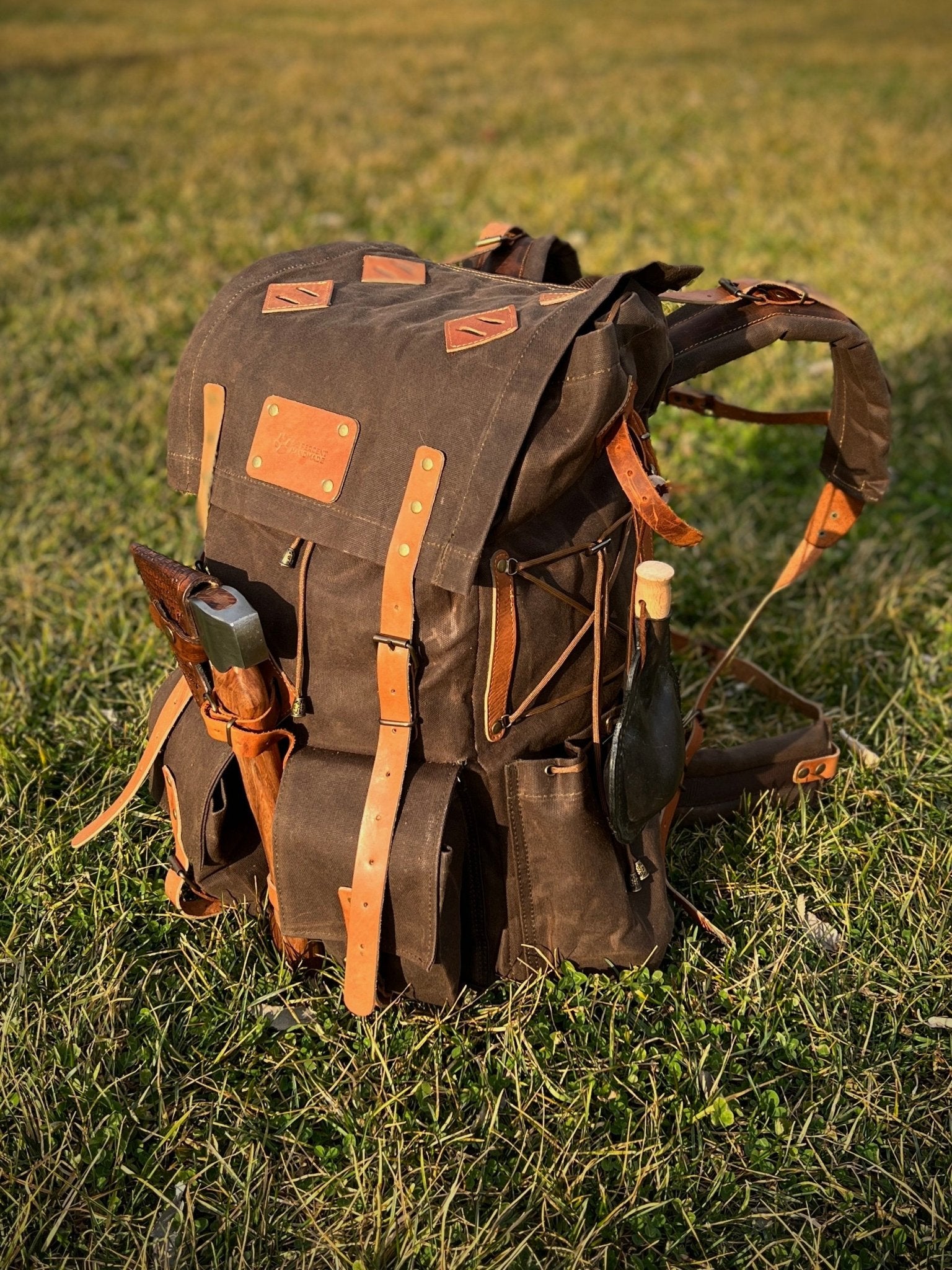 50L | 3 Pieces Left | Green, Brown, Dhaki Colours | Handmade Leather, Waxed Canvas Backpack for Travel, Camping, Bushcraft | Personalization  99percenthandmade   