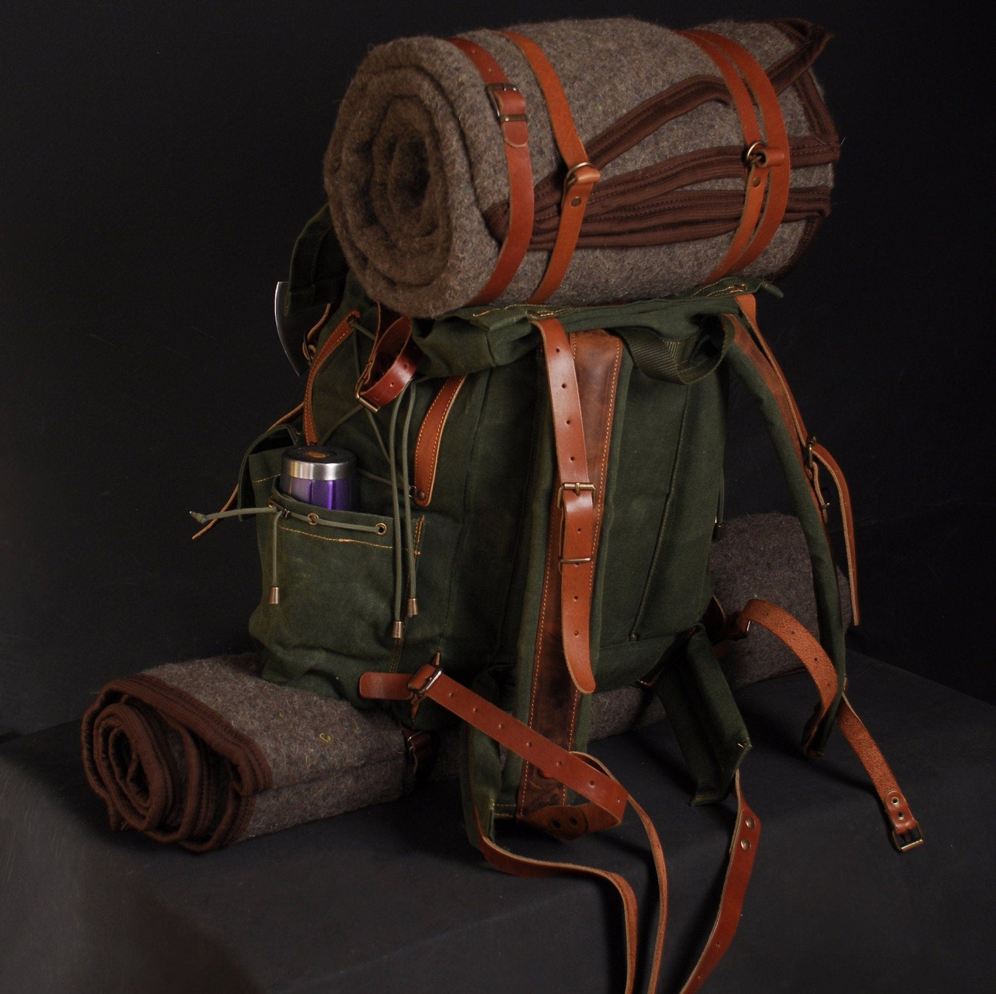 50L | Camping Backpack | Bushcraft Backpack | Brown - Green | Handmade  Leather-Canvas | Rucksack | Camping, Bushcraft | Personalization