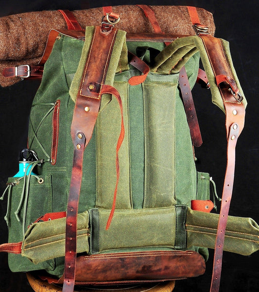 50L | 6 Pieces Left | Green, Brown, Dhaki Colours | Handmade Leather, Waxed Canvas Backpack for Travel, Camping, Bushcraft | Personalization bushcraft - camping - hiking backpack 99percenthandmade   