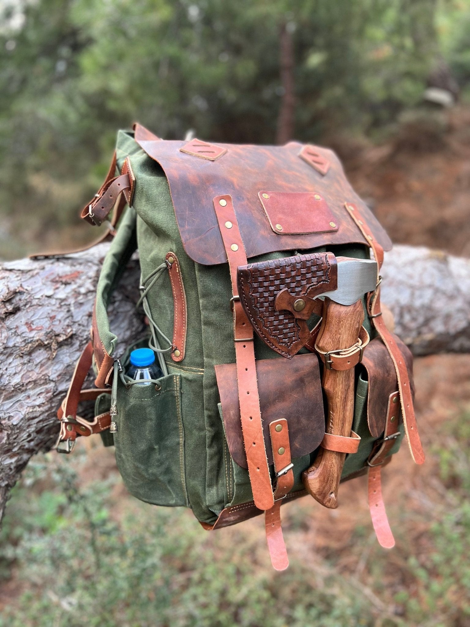 canvas leather backpack rucksack 25L Traveler Tan Crazy Horse Leather + Oil Wax Canvas +100% Cotton Liner KAUKKO Vintage Casual Canvas and