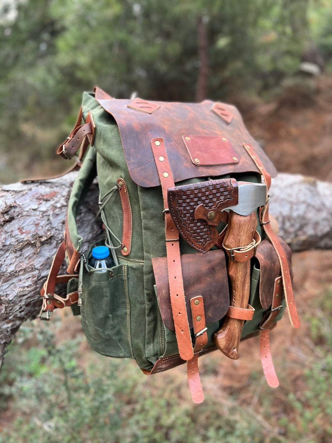 50L | Black-Brown-Green | Bushcraft Handmade Waxed Canvas Backpack | Daily Use | Bushcraft, Travel, Camping, Hunting, Sports bag  99percenthandmade   