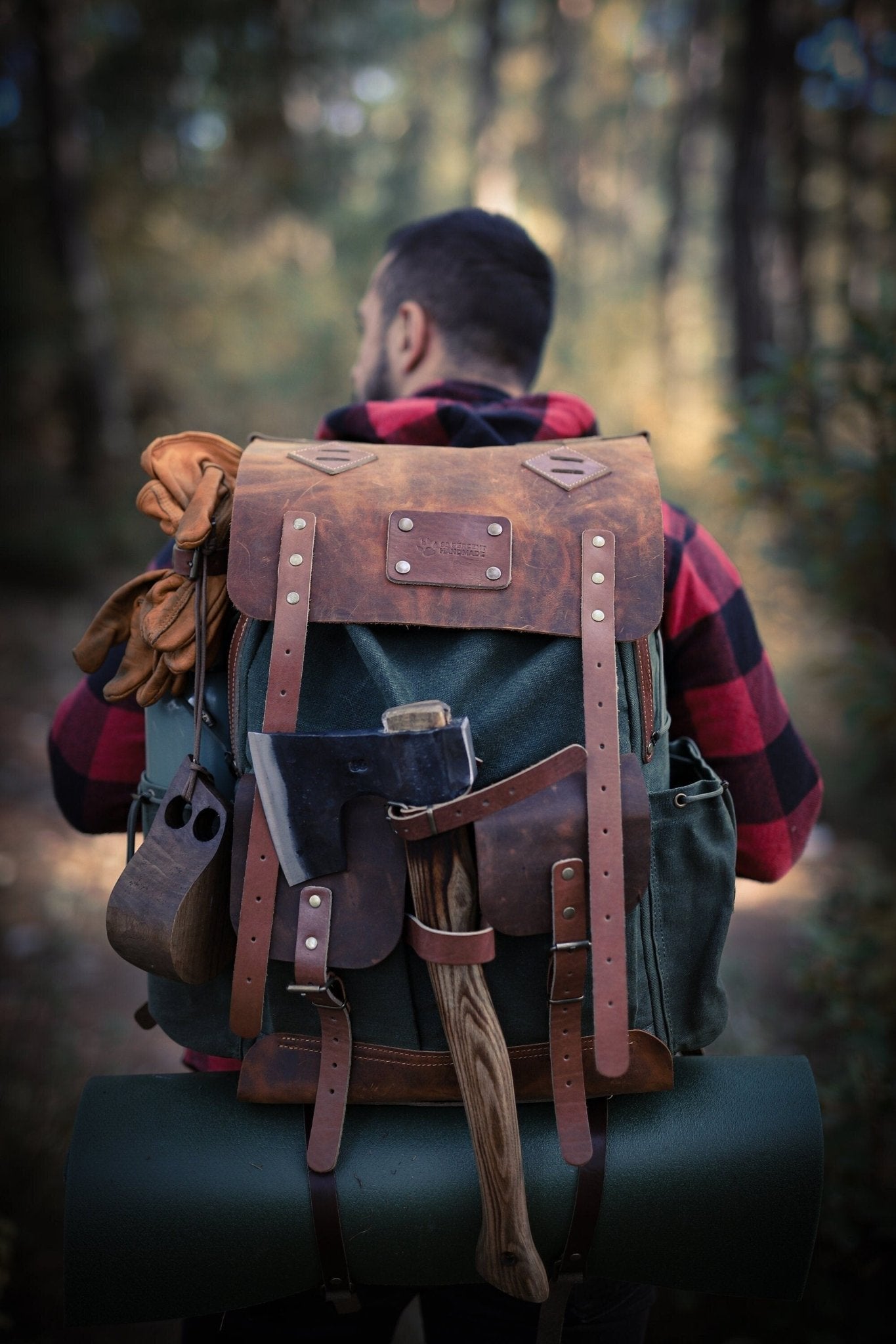 50L | Black-Brown-Green | Bushcraft Handmade Waxed Canvas Backpack