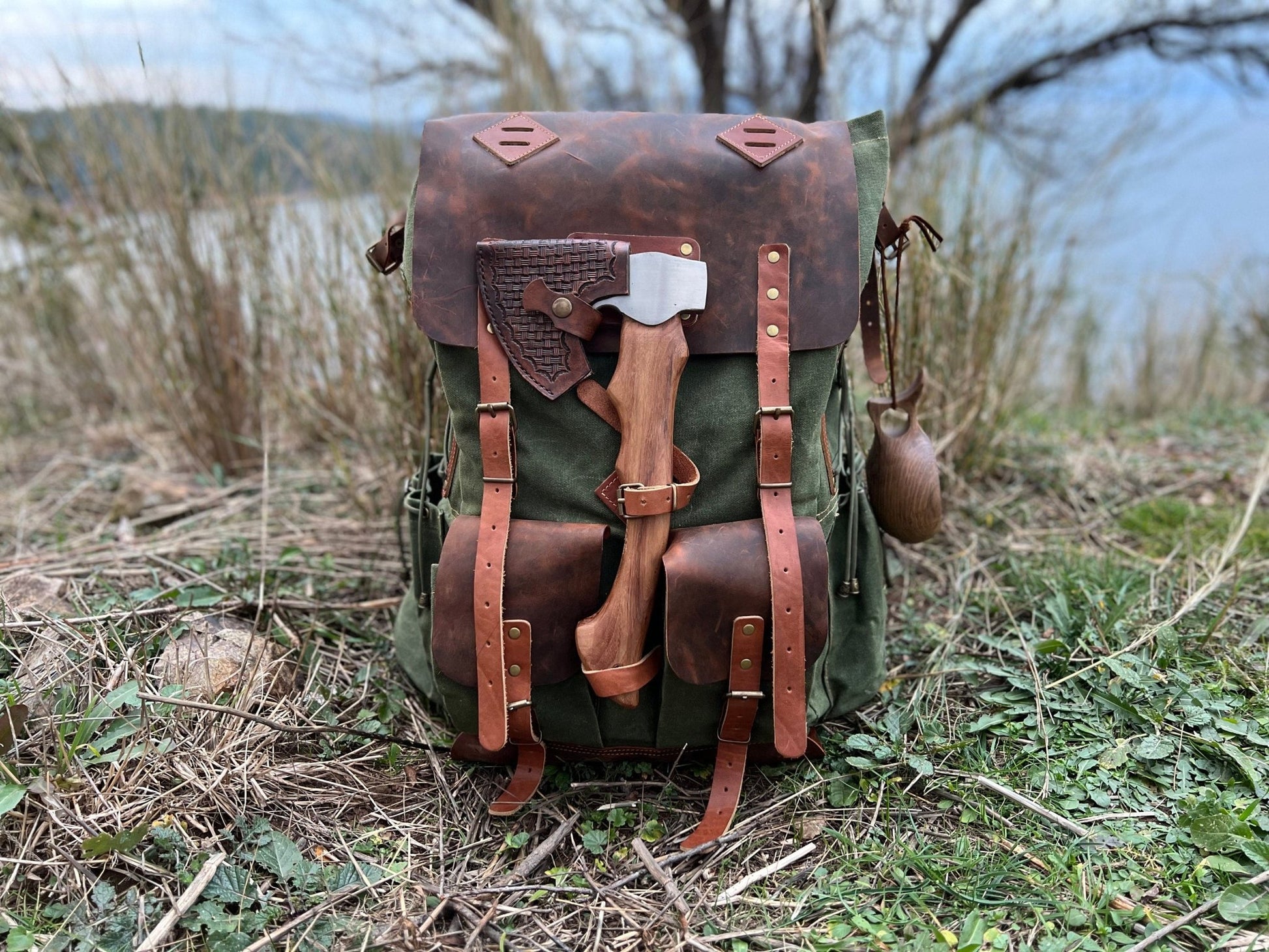 50L | Camping Backpack | Bushcraft Backpack | Brown - Green | Handmade Leather-Canvas | Rucksack |  Camping, Bushcraft | Personalization Backpack,rucksack 99percenthandmade   