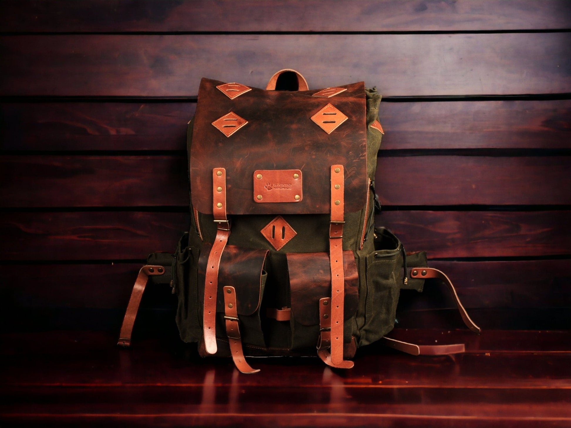 60L | Personalized | Bushcraft Backpack | Camping Backpack | Hiking Backpack | Extra large | Handmade | Leather | Waxed Canvas Backpack  99percenthandmade 30 Green 