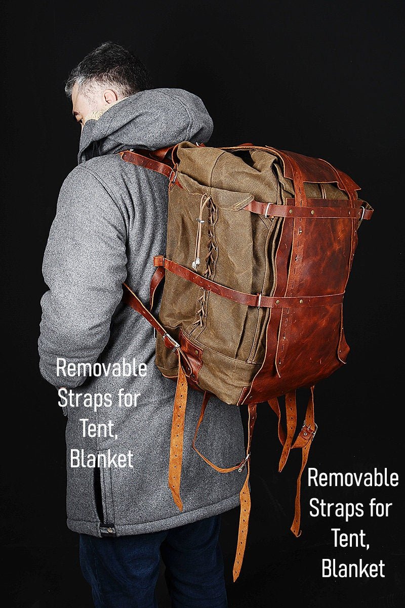 80 Liter | Camping Backpack | Bushcraft Backpack |Leather Canvas Backpack | Brown - Beige | Travel Backpack  99percenthandmade   