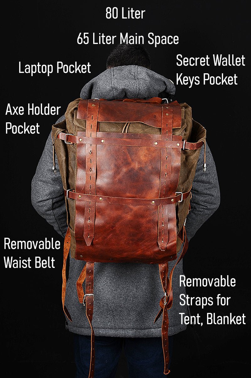 80 Liter | Camping Backpack | Bushcraft Backpack |Leather Canvas Backpack | Brown - Beige | Travel Backpack  99percenthandmade   