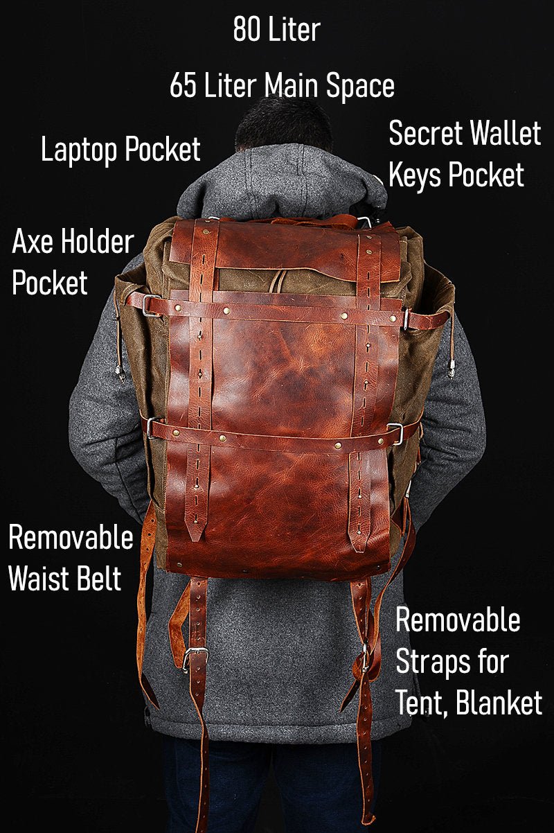 80 Liter | Camping Backpack | Bushcraft Backpack |Leather Canvas Backpack