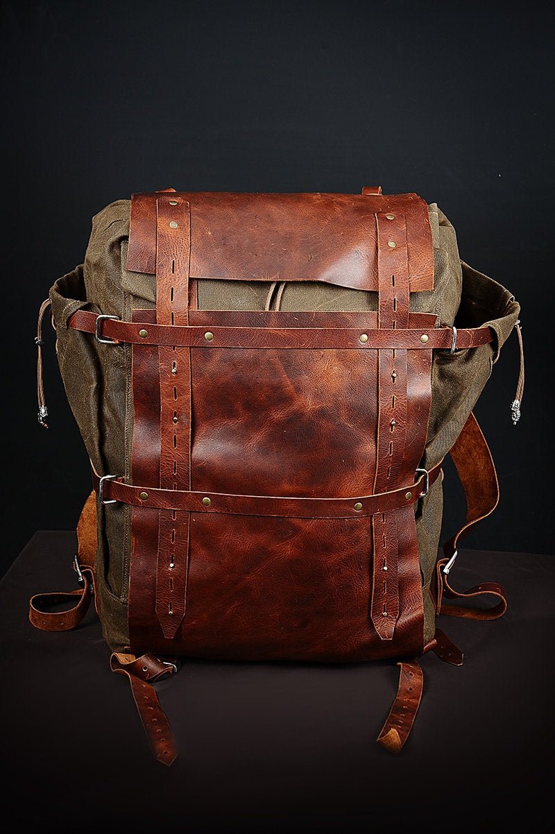 80 Liter | Camping Backpack | Bushcraft Backpack |Leather Canvas Backpack | Brown - Beige | Travel Backpack  99percenthandmade   