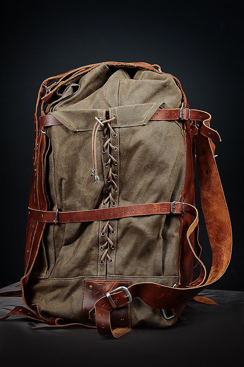 80 Liter | Camping Backpack | Bushcraft Backpack |Leather Canvas Backpack | Brown - Beige | Travel Backpack  99percenthandmade   