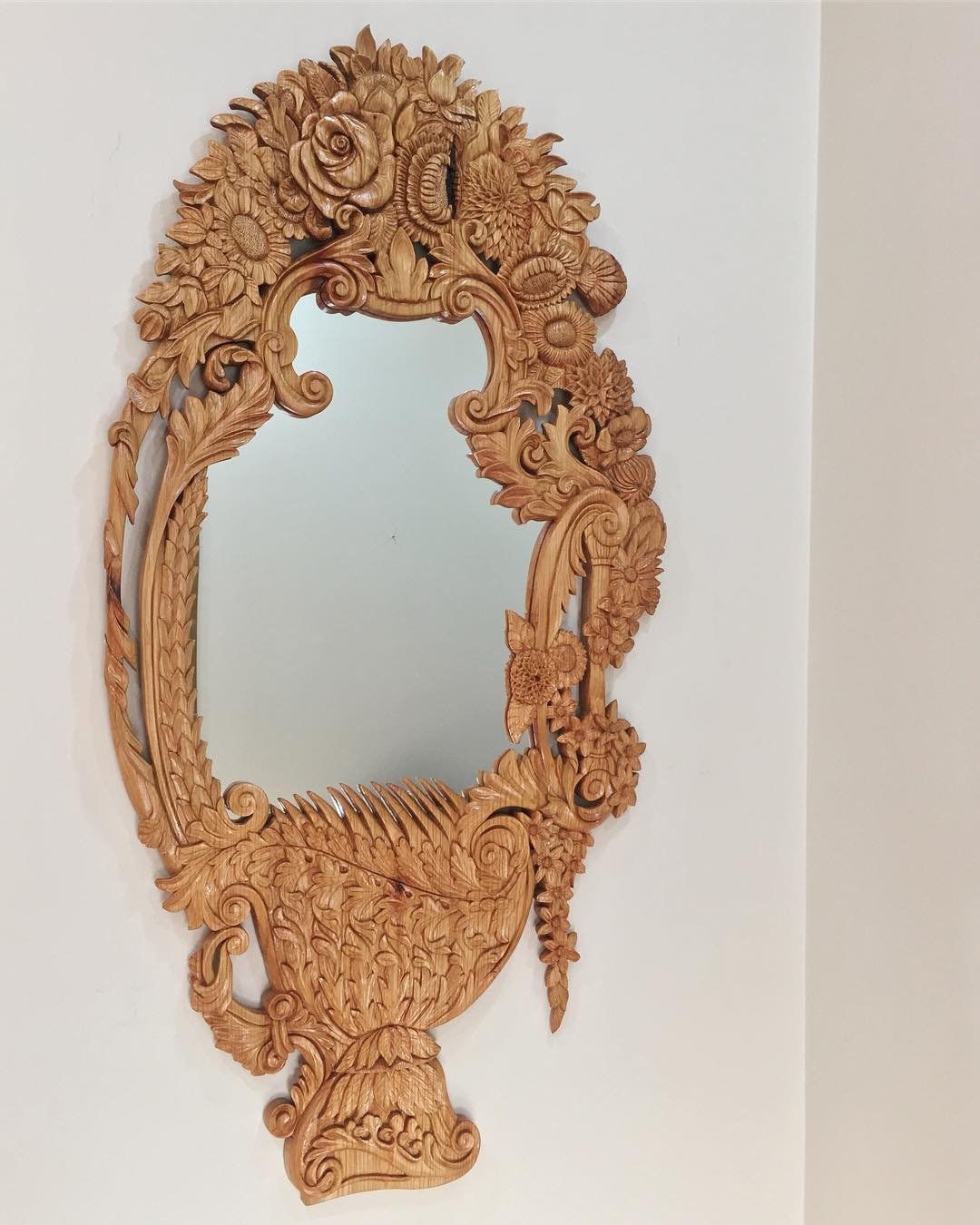 A rare piece of work !  2 months making process, Handmade Wood Carving Mirror Stand Wall Decor  99percenthandmade   