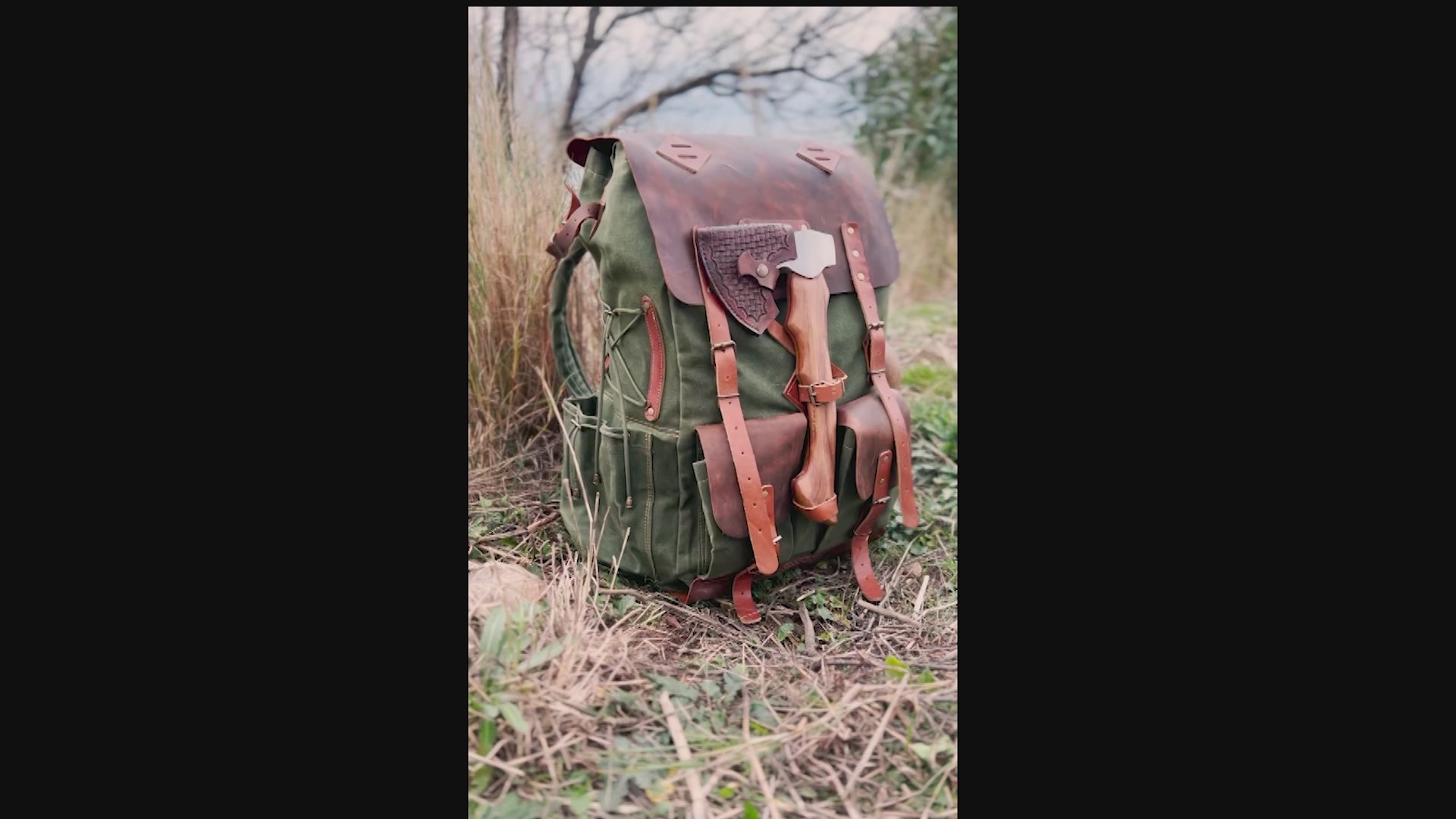 Limited Bestseller Custom Genuine Green Waxed Canvas with Leather Details Backpack for Travel, Camping | 60 Liters | Personalization 99percenthandmade