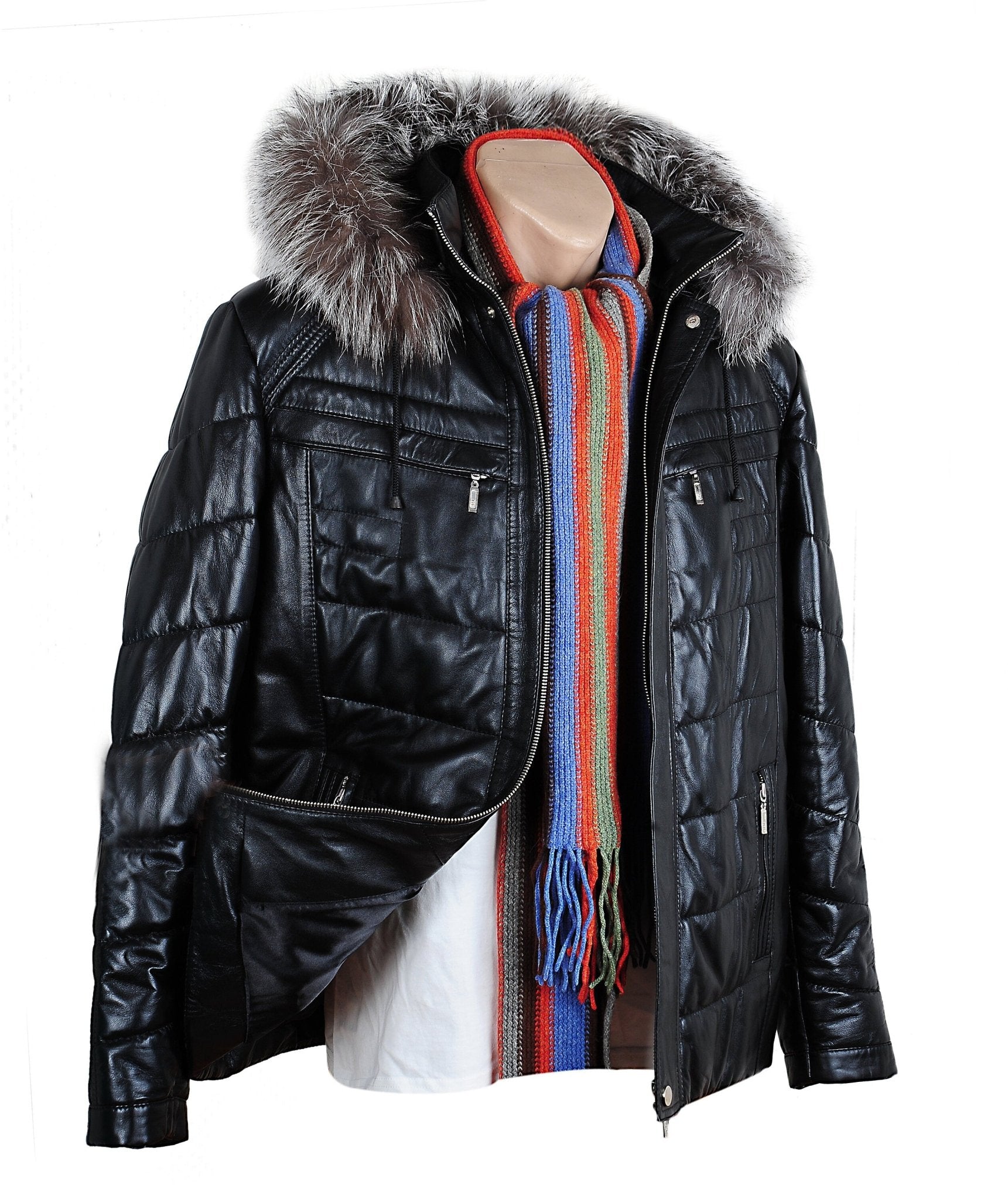Bespoke Black Leather Coat With Fur Hood  | S to 8XL  99percenthandmade   