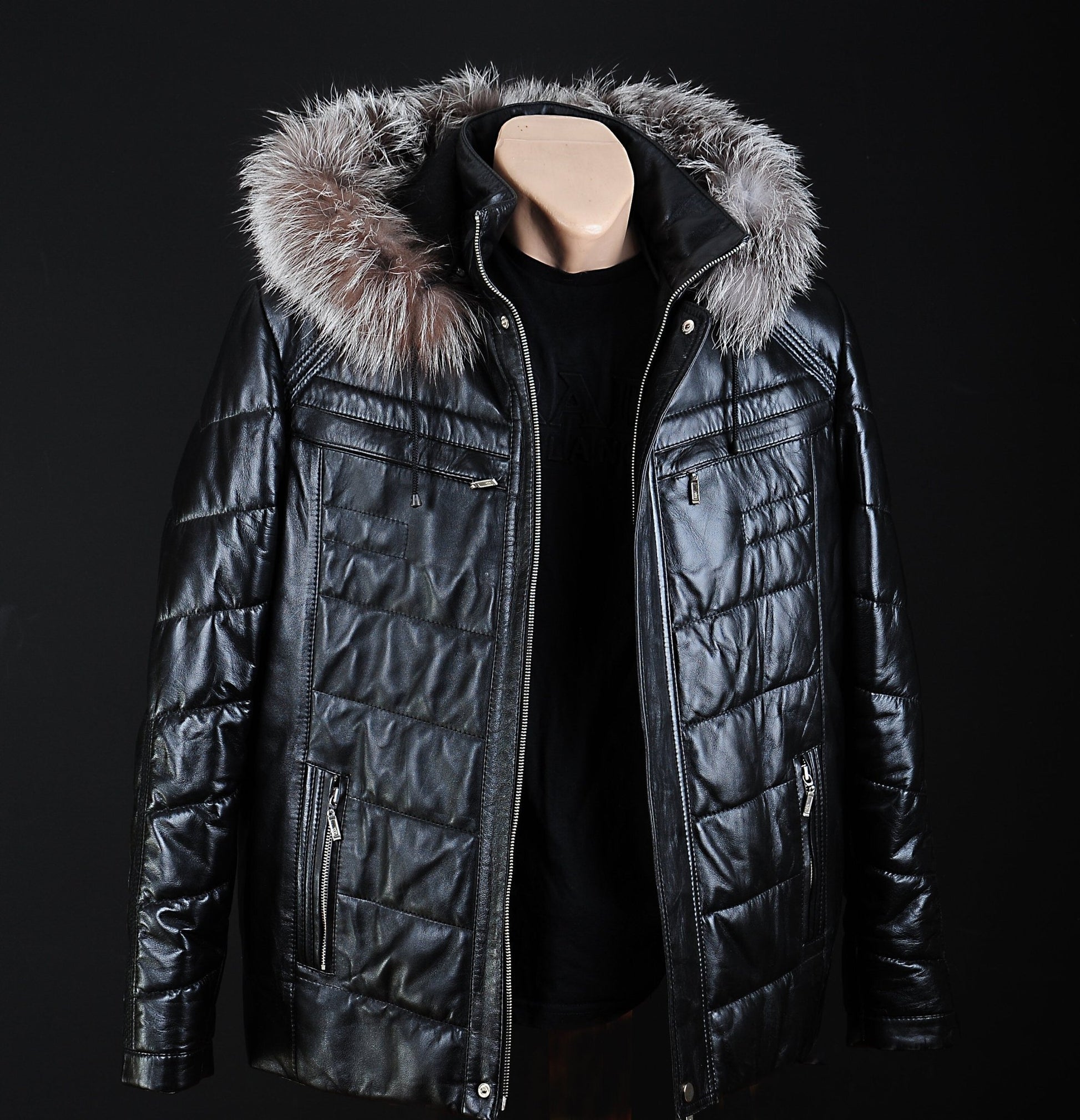 Bespoke Black Leather Coat With Fur Hood  | S to 8XL  99percenthandmade   