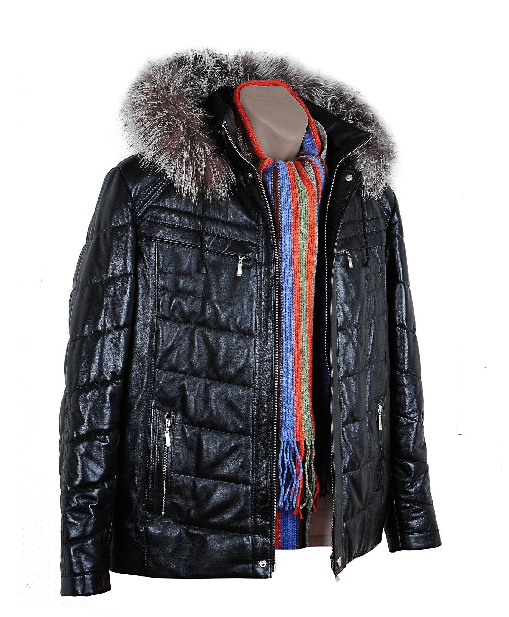 Bespoke Black Leather Coat With Fur Hood  | S to 8XL  99percenthandmade   