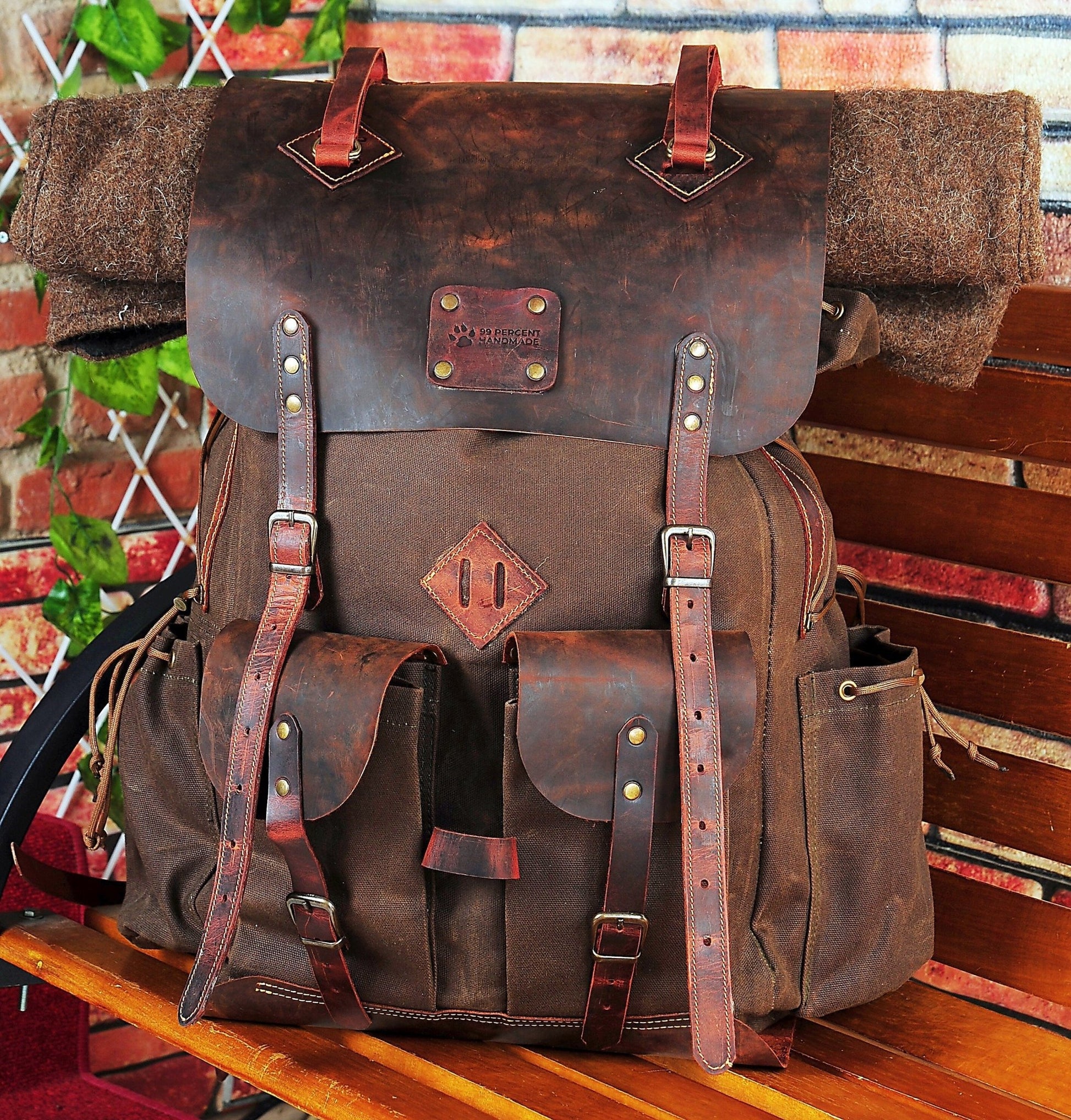 Bestseller | 50 L | Green Brown Black | Leather and Waxed Canvas Backpack | Travel | Bushcraft | Camping | Personalization  99percenthandmade   