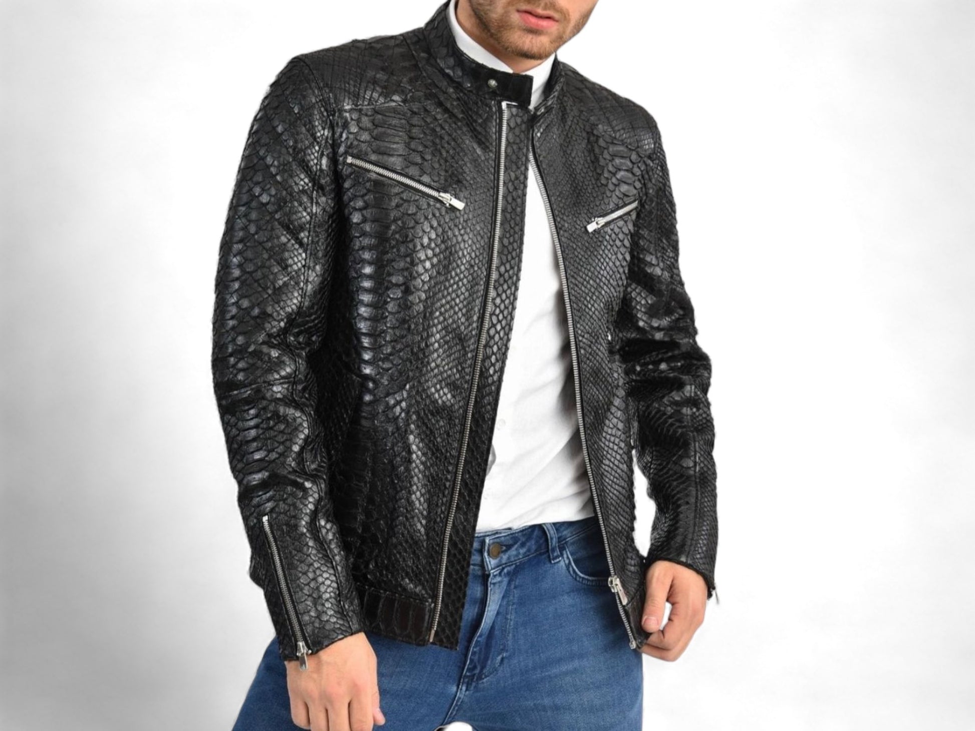 Italian handmade Men genuine lambskin leather jacket alligator crocodile  Black