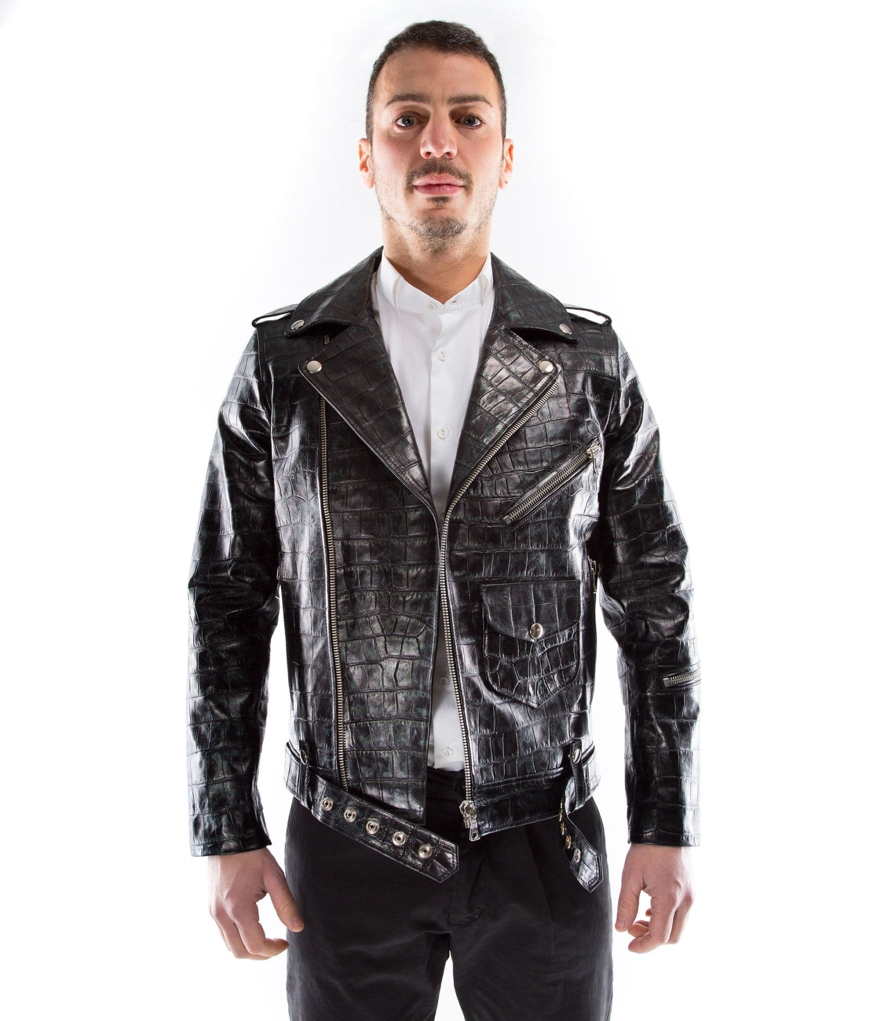 99percenthandmade Men Black Alligator Crocodile Embossed on Lamskin Leather Biker Jacket Slim Fit | Leather Jacket | Tailored to Your Size 