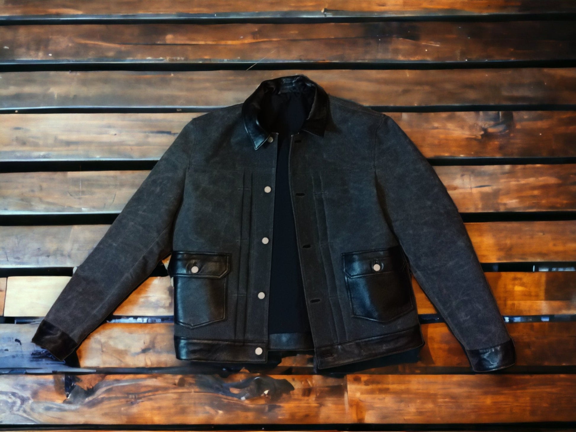 Black Leather Waxed Canvas Jacket | Biker Jacket | Handmade Jacket  | Tailored to Your Size | Black | Green |  Leather Jacket |  99percenthandmade   