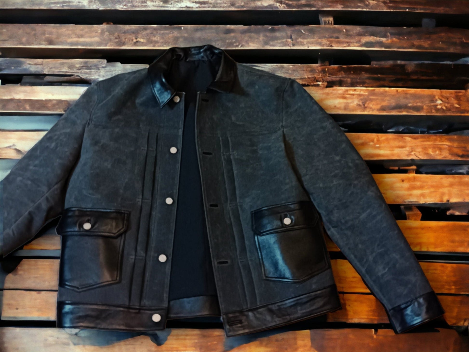 Black Leather Waxed Canvas Jacket | Biker Jacket | Handmade Jacket  | Tailored to Your Size | Black | Green |  Leather Jacket |  99percenthandmade   