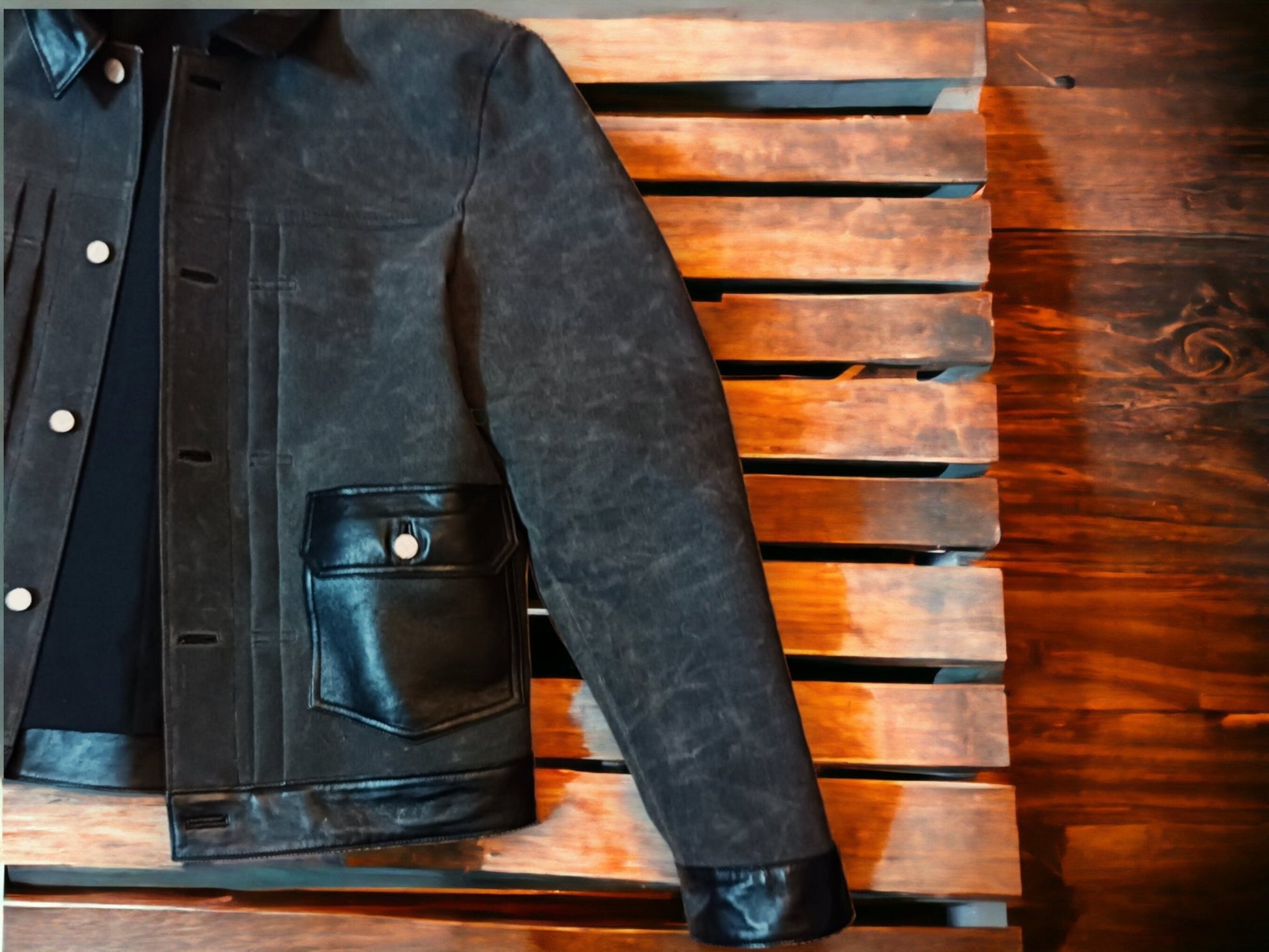 Black Leather Waxed Canvas Jacket | Biker Jacket | Handmade Jacket  | Tailored to Your Size | Black | Green |  Leather Jacket |  99percenthandmade   