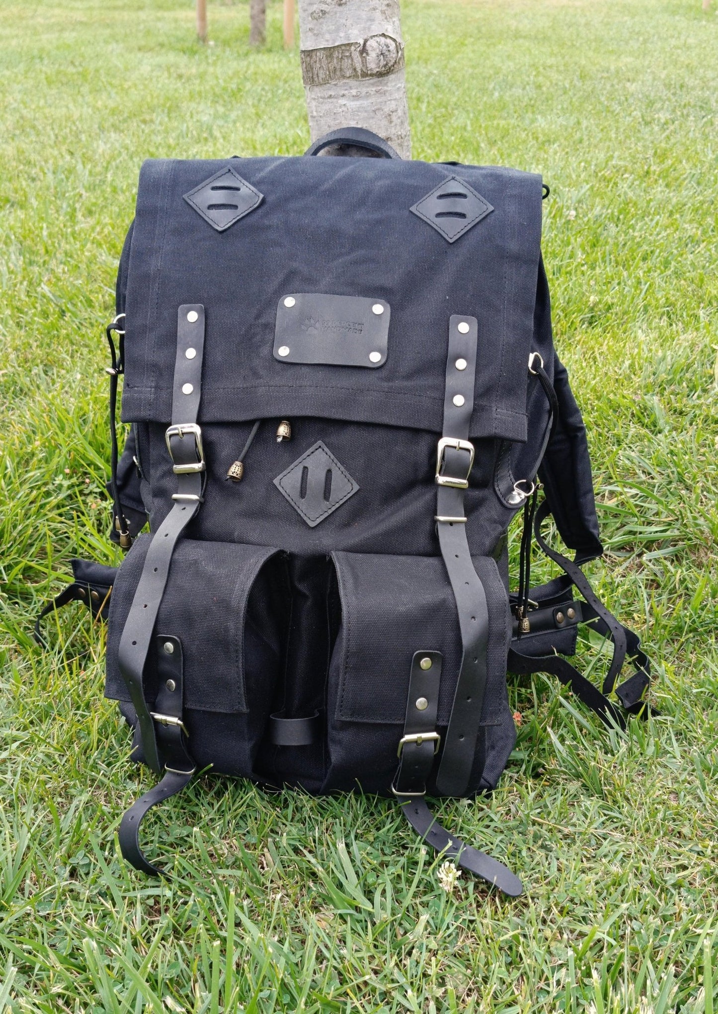 Black Waxed Canvas Backpack with Detachable pouches for hiking bushcraft camping  99percenthandmade   