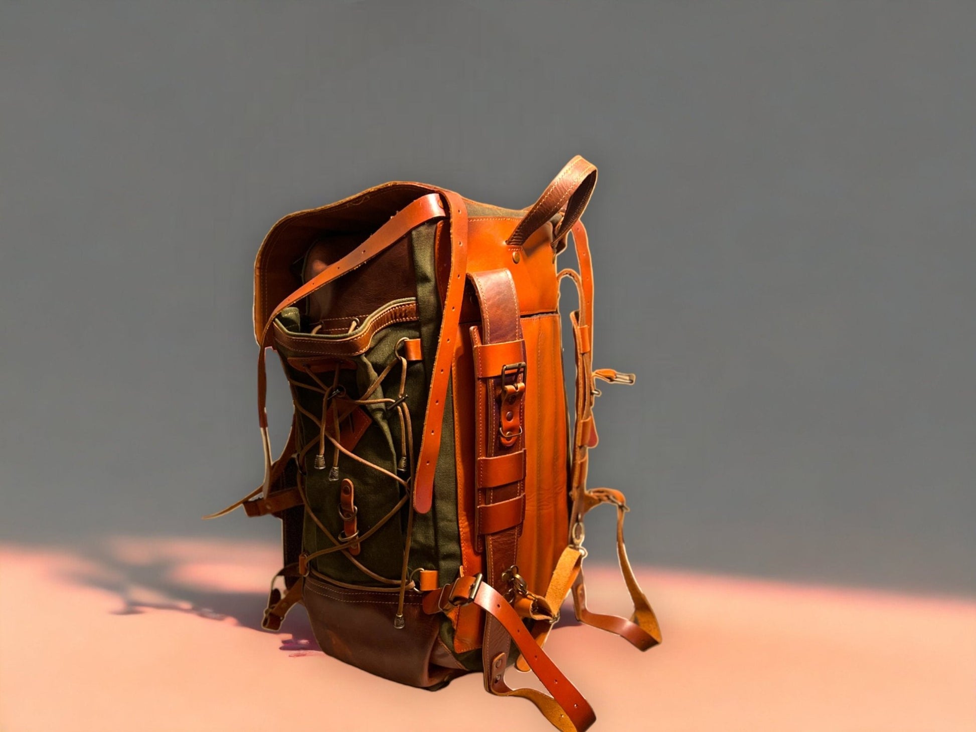 Hiking Backpack | Camping Backpack  | 25L-35L-45L | Brown-Green | Canvas and Leather backpack 99percenthandmade   