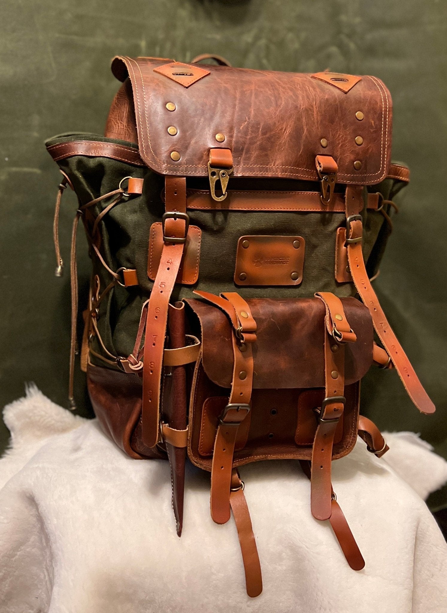 Hiking Backpack | Camping Backpack  | 25L-35L-45L | Brown-Green | Canvas and Leather backpack 99percenthandmade   