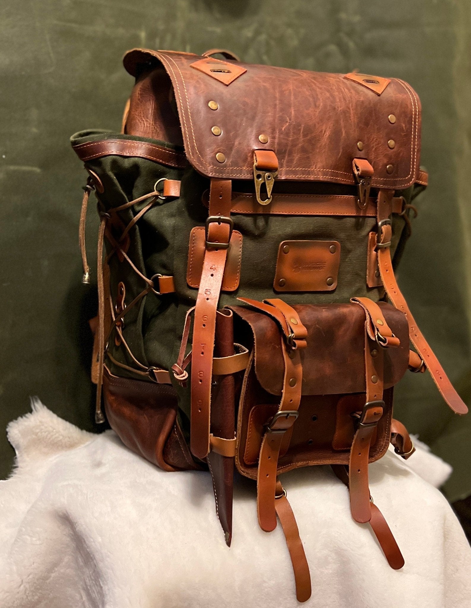 Hiking Backpack | Camping Backpack  | 25L-35L-45L | Brown-Green | Canvas and Leather backpack 99percenthandmade   