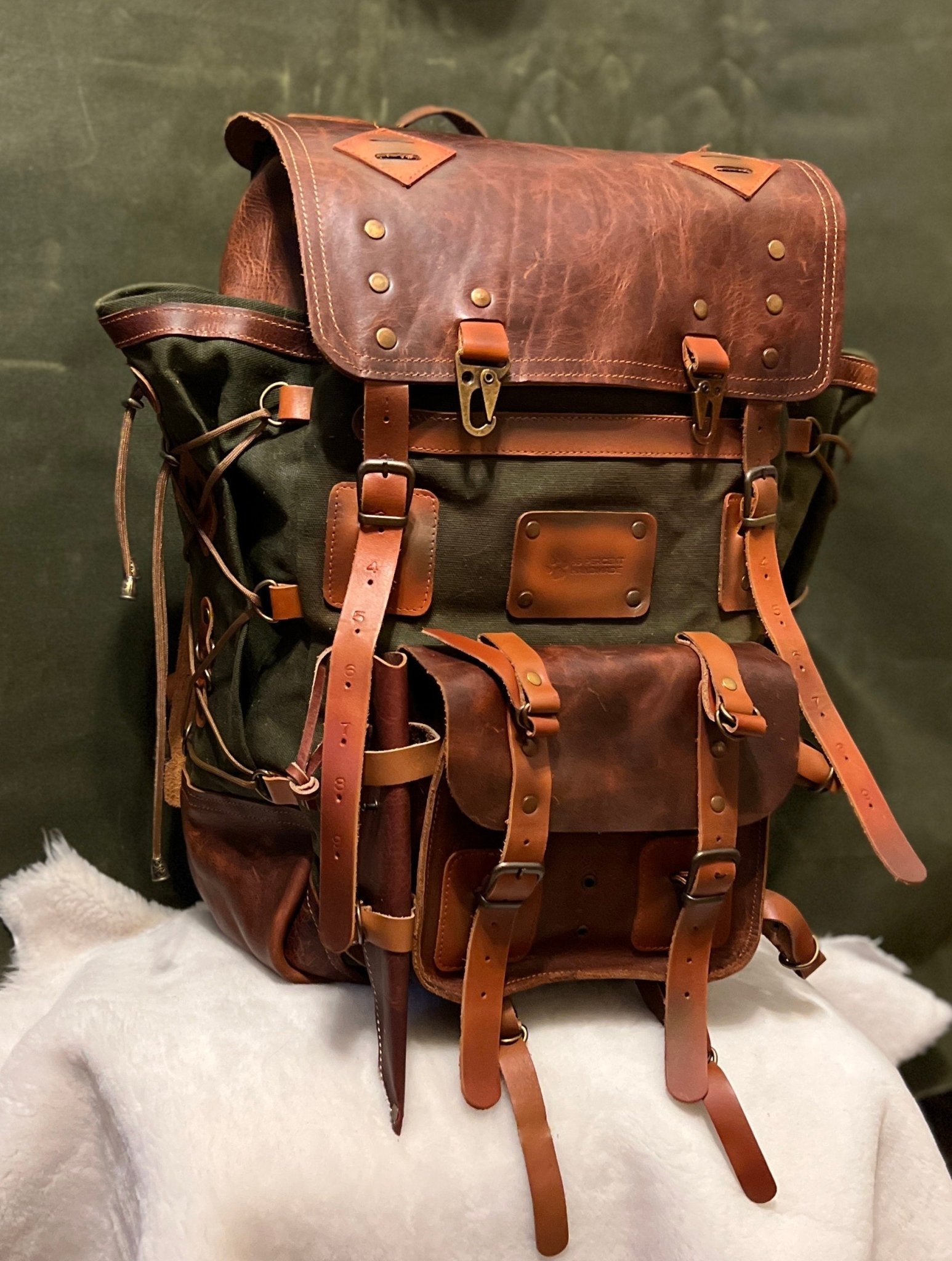 Hiking Backpack | Camping Backpack  | 25L-35L-45L | Brown-Green | Canvas and Leather backpack 99percenthandmade   
