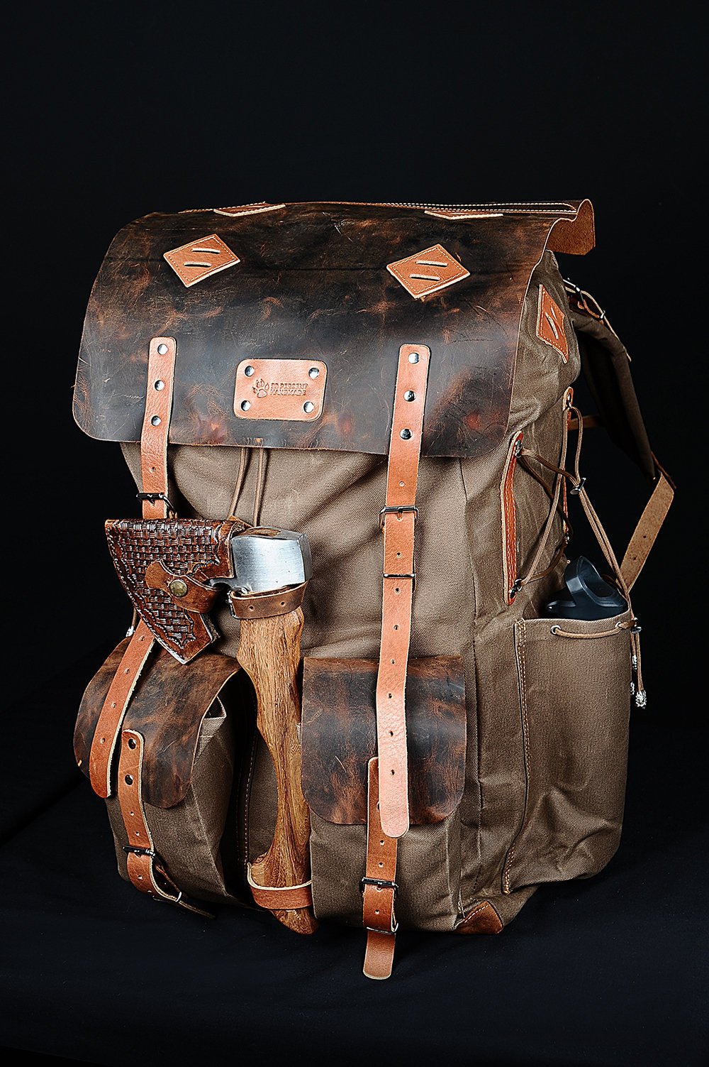Bushcraft Backpack | Camping Backpack | Black-Brown-Black-White  | Waxed Canvas with Leather Details  | 50 L | Personalization  99percenthandmade   