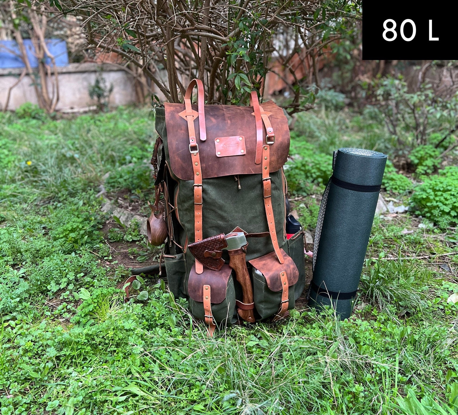 Bushcraft Backpack | Camping Backpack | Black-Brown-Black-White  | Waxed Canvas with Leather Details  | 50 L | Personalization  99percenthandmade   