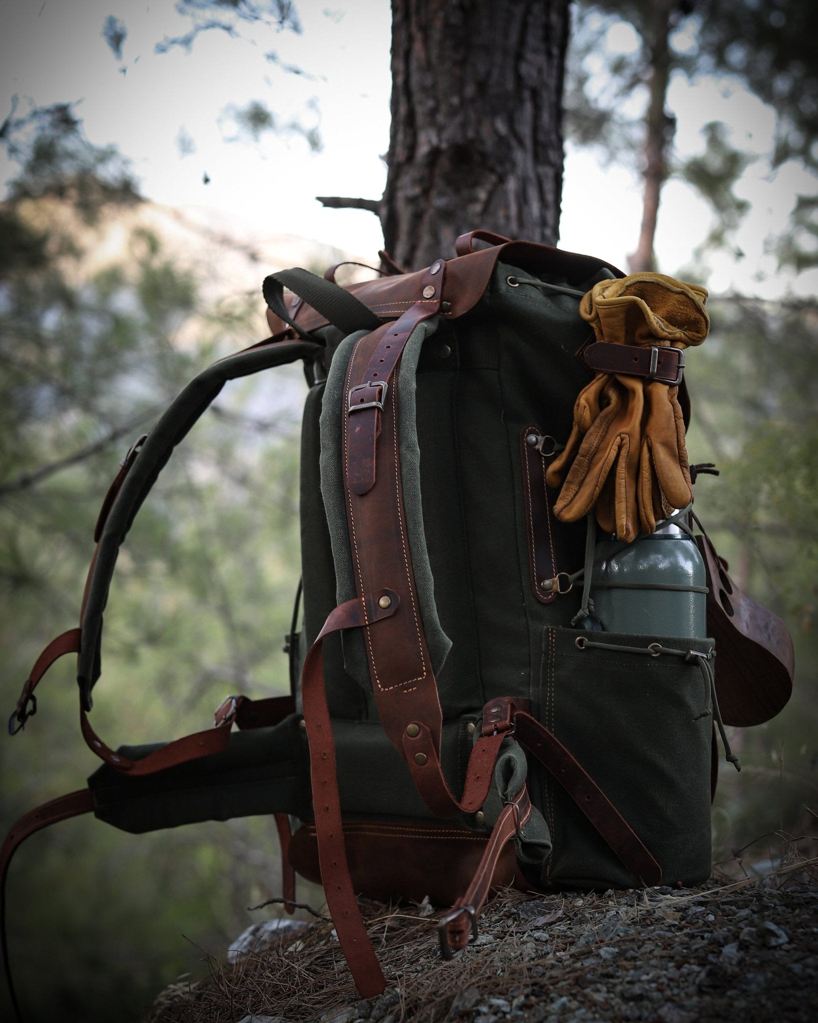 Bushcraft Backpack | Camping Backpack | Black-Brown-Black-White  | Waxed Canvas with Leather Details  | 50 L | Personalization  99percenthandmade   