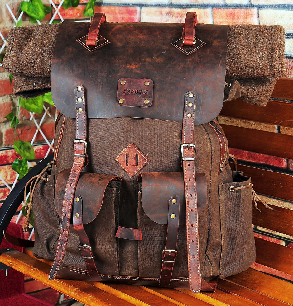 Bushcraft Handmade Leather Waxed Canvas Backpack Rucksack Bag