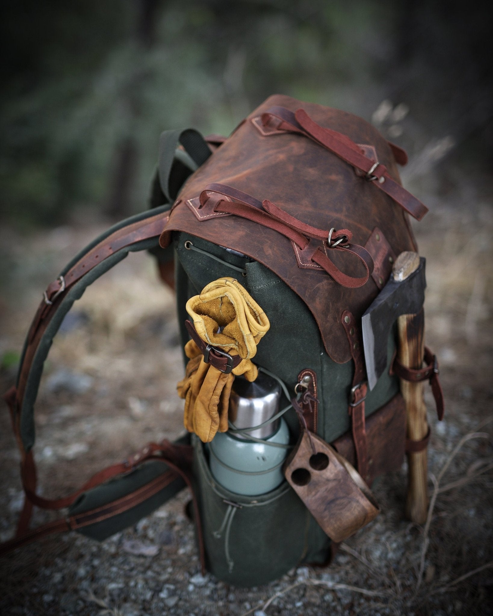 Handmade Bushcraft Leather Backpack with Axe Holder, Travel