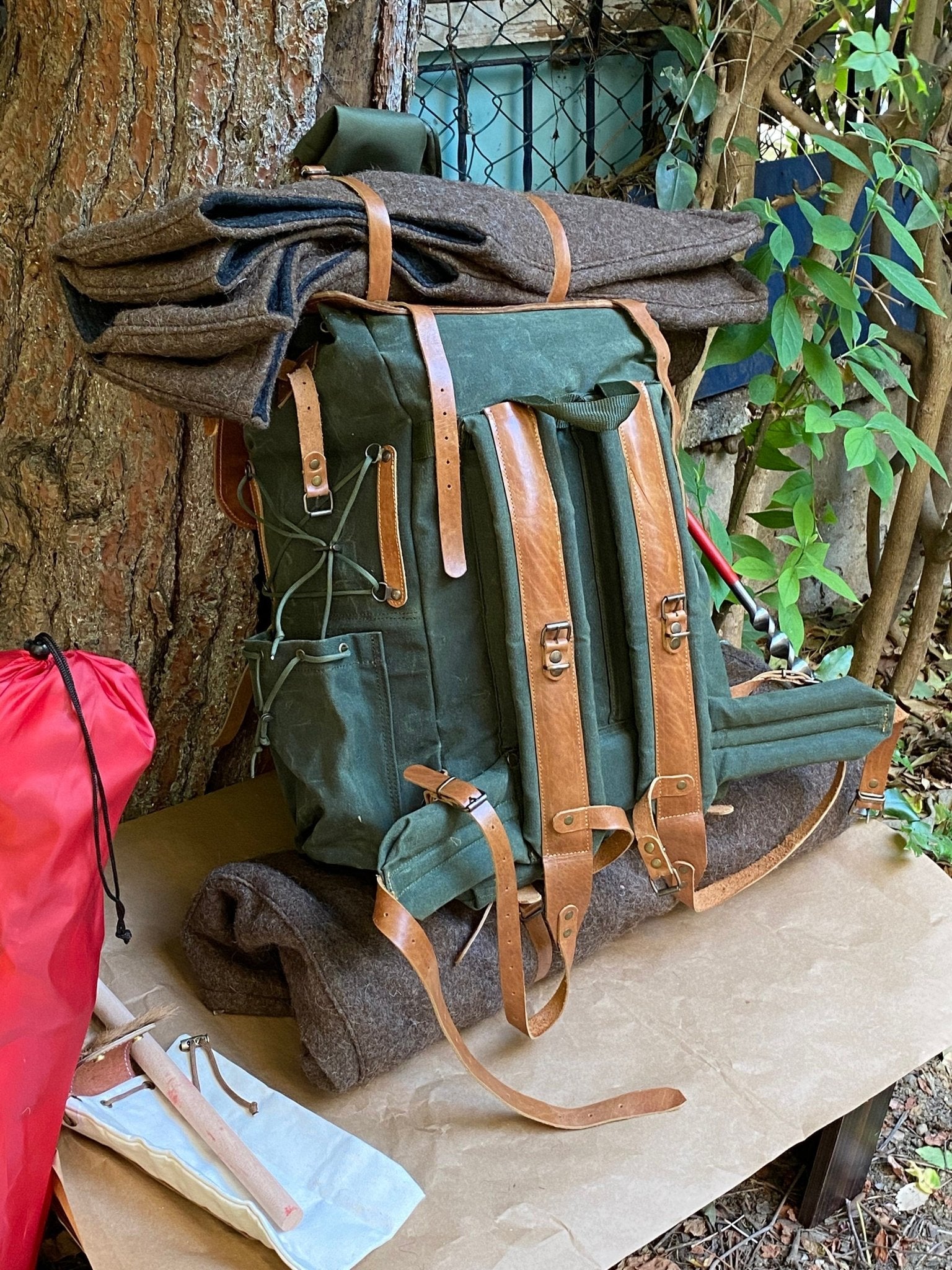 Bushcraft Handmade Green Canvas and Genuine Tan Leather Backpack for Travel, Camping, Fishing | 50 Liters | Personalization for your request bushcraft - camping - hiking backpack 99percenthandmade   