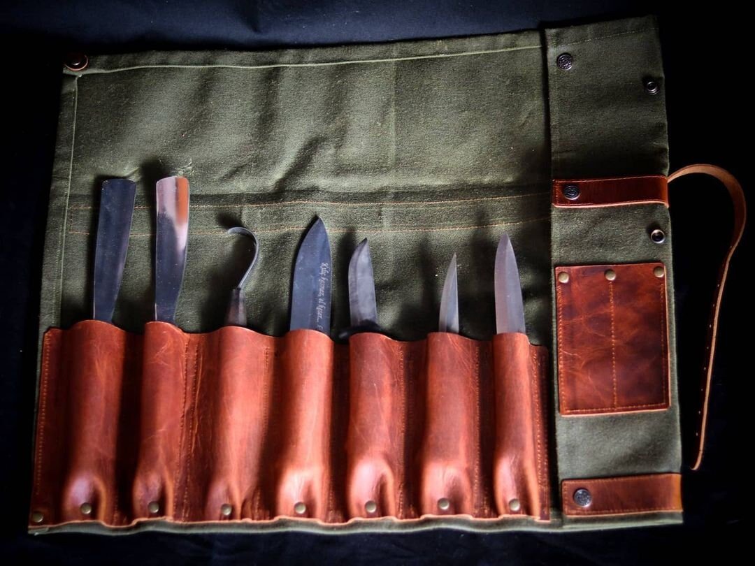 Bushcraft Leather Knife  Bag, 7 blade pockets, 1 glove compartment  99percenthandmade   