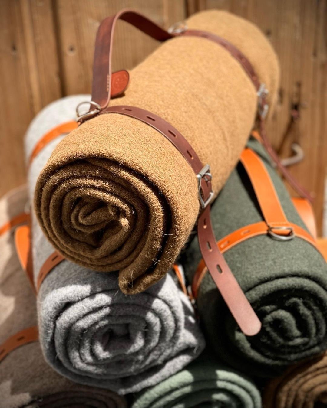 bushcraft gear Bushcraft Wool Blanket, Sleeping Bag, Handmade Leather Strap, Camping