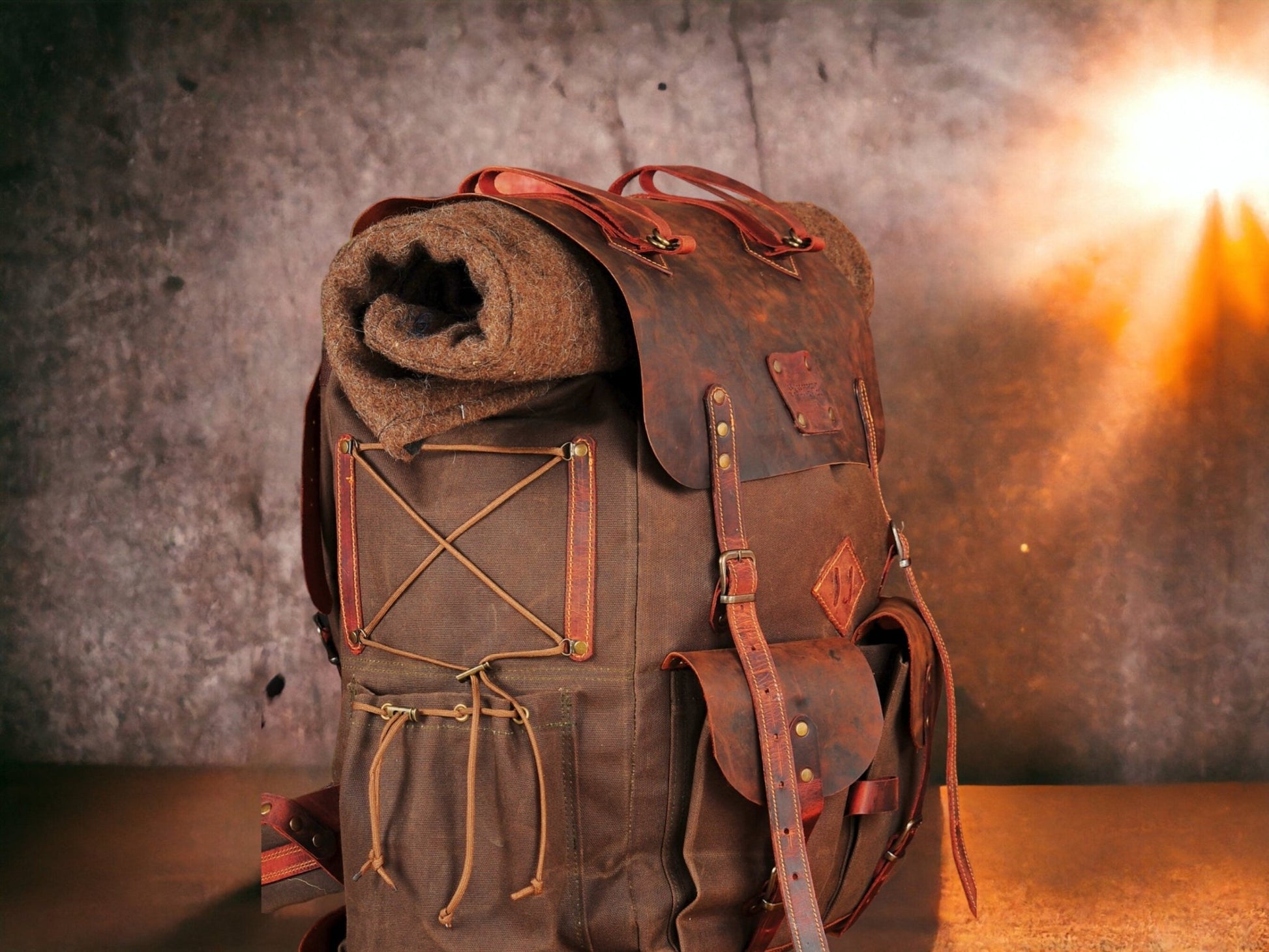 cognac leather canvas caravan backpack Personalized | Travel Backpack | Canvas Leather