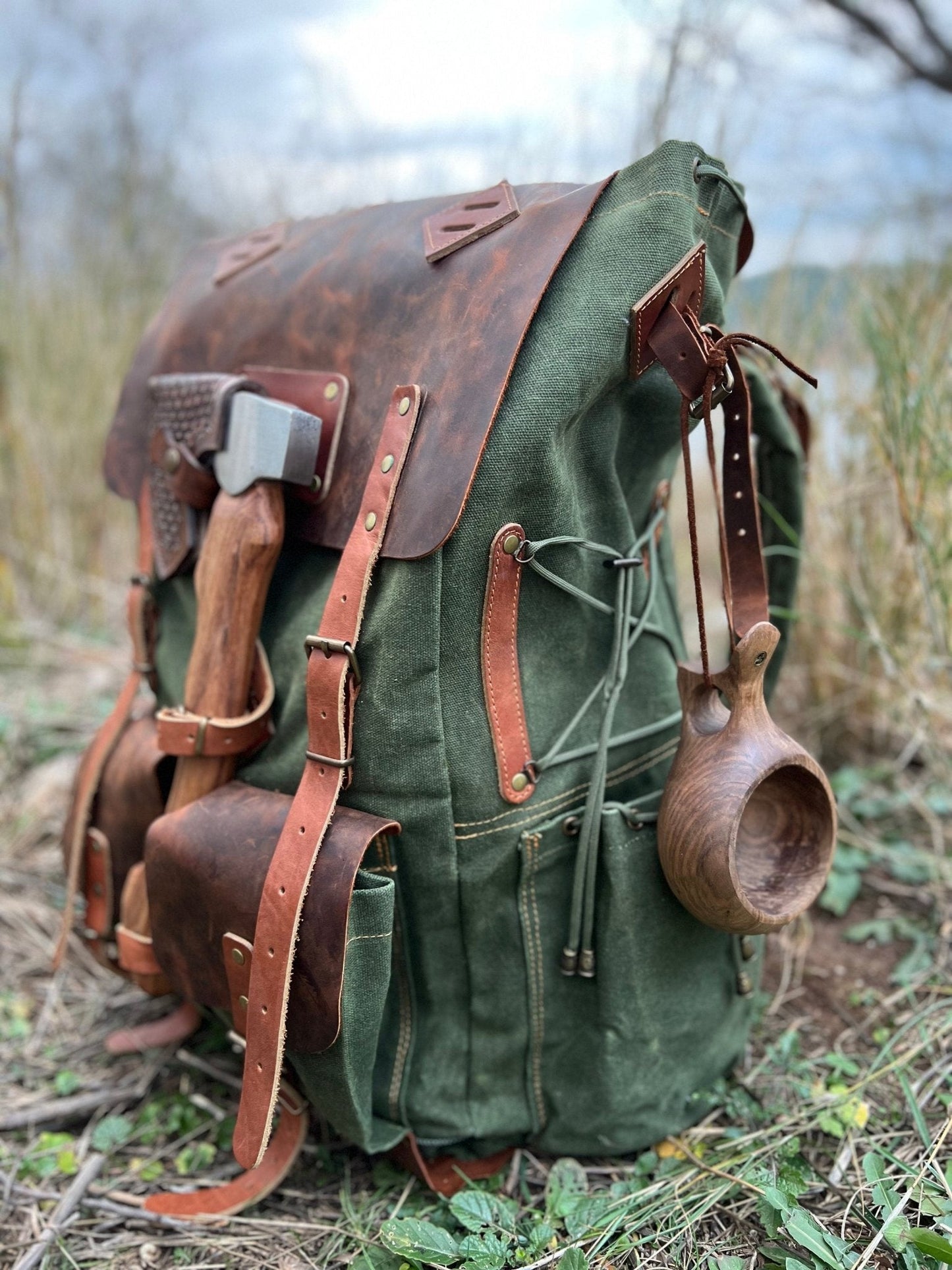Camping Backpack | Camping Backpacks | Hiking Backpack | Brown - Green | Handmade Leather-Canvas | Rucksack |  Camping, Bushcraft | Personalization Backpack,rucksack 99percenthandmade   