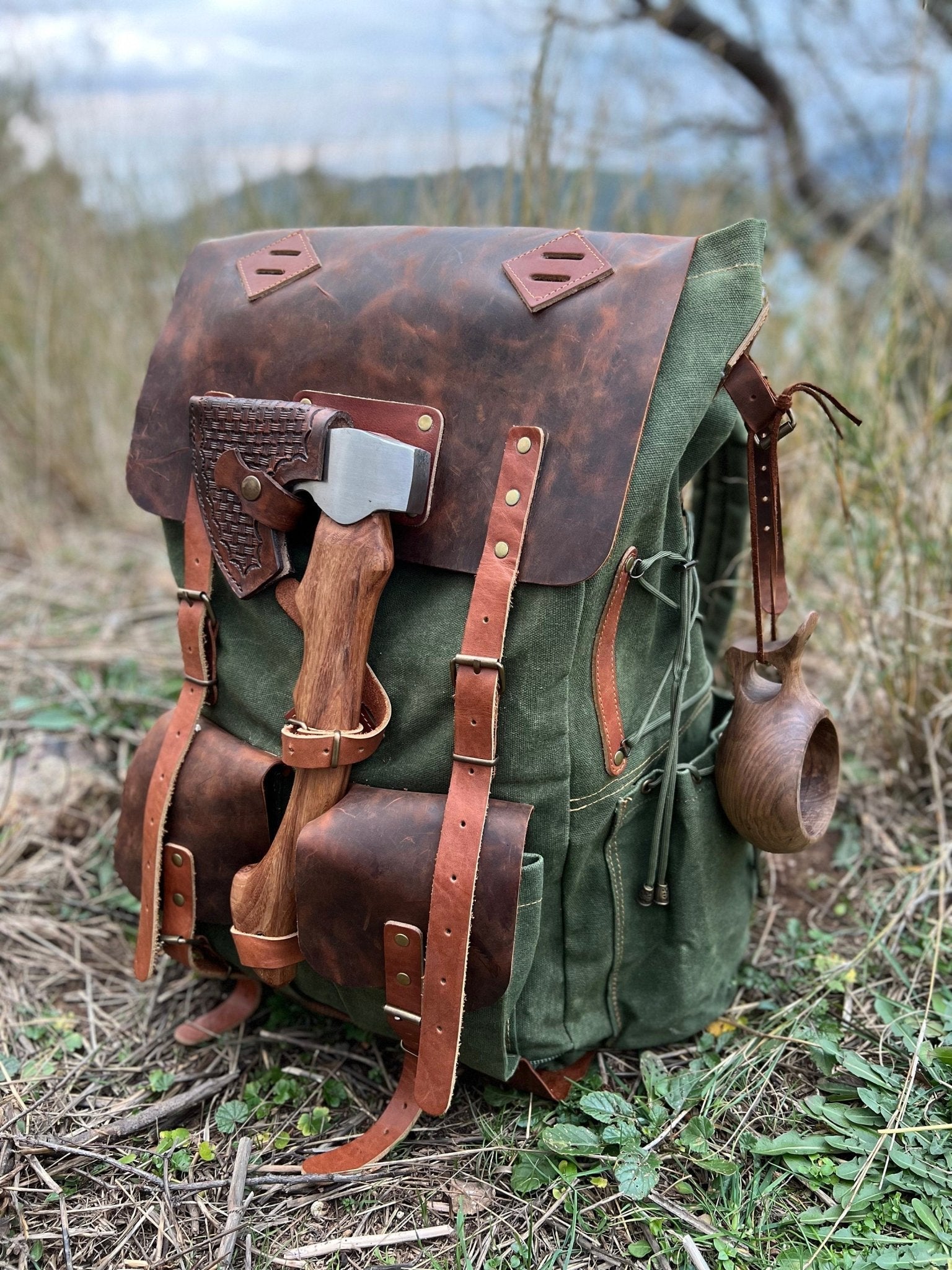Camping Backpack | Camping Backpacks | Hiking Backpack | Brown - Green | Handmade Leather-Canvas | Rucksack |  Camping, Bushcraft | Personalization Backpack,rucksack 99percenthandmade   