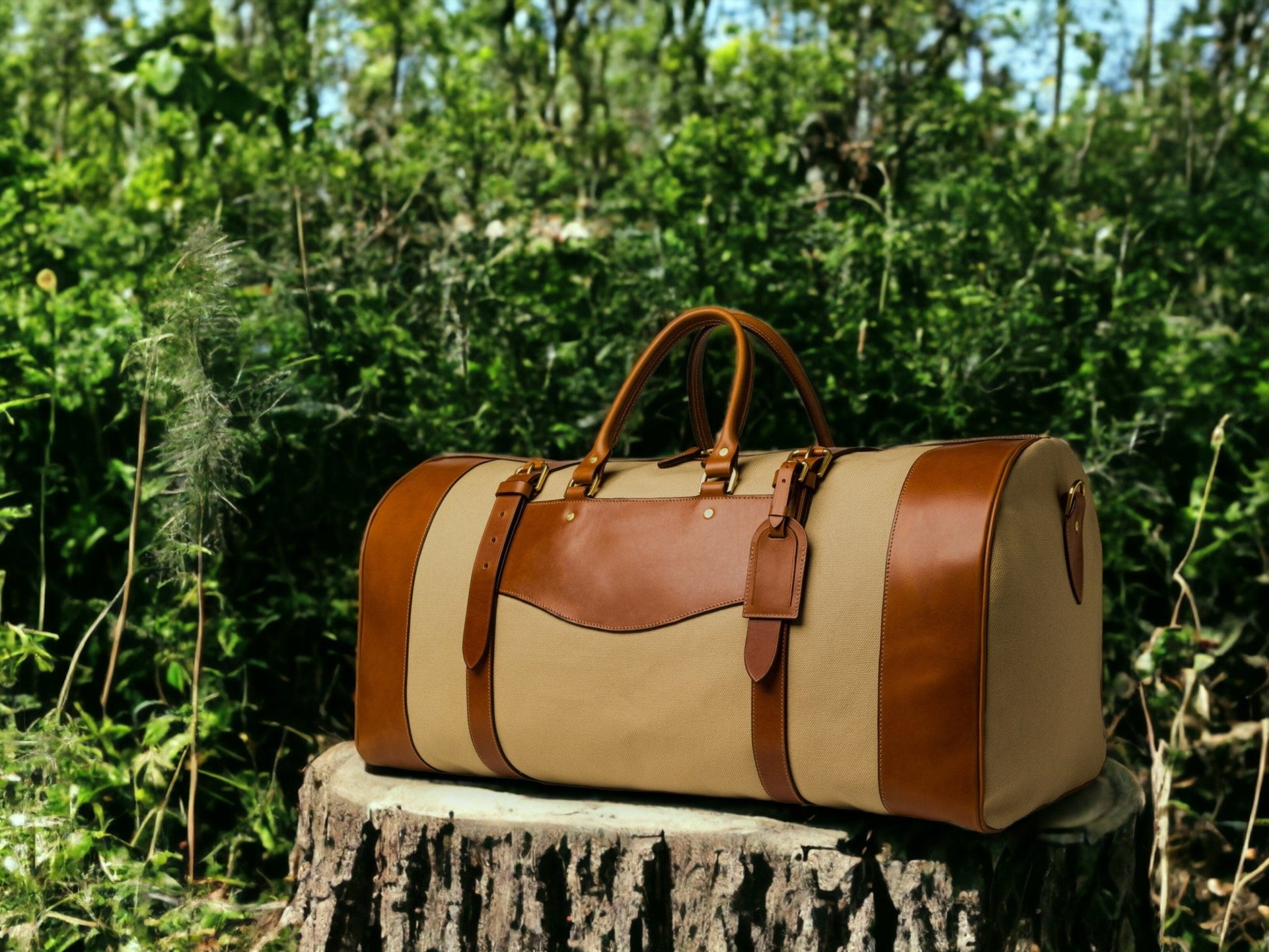Cream Canvas - Tan Leather | Duffle Bag | Handmade Duffle Bag  | Weekend Bag | Travel | Leather Bag | Duffle Purse Crossbody | Limited  99percenthandmade   