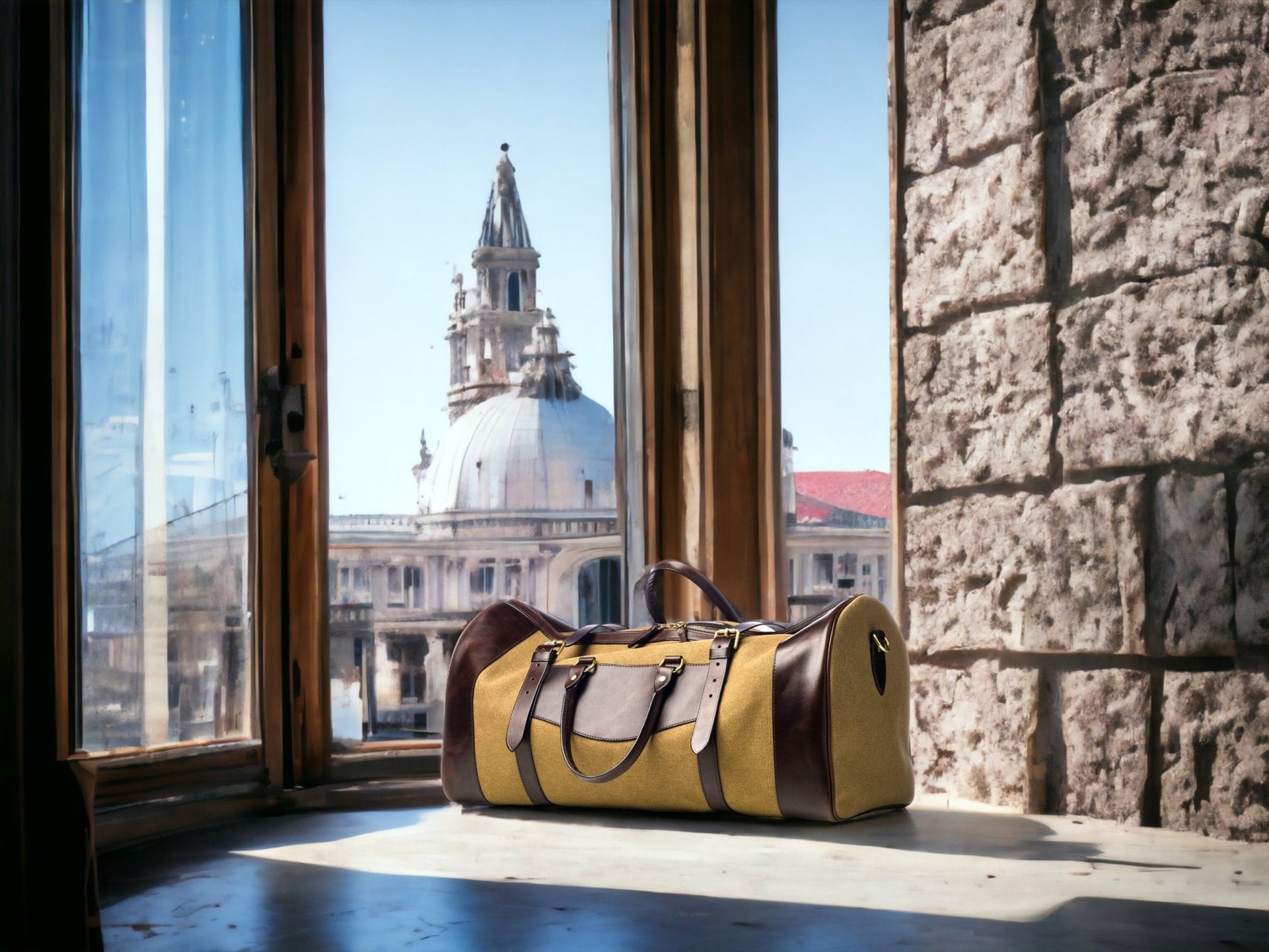 Cream Canvas - Tan Leather, Duffle Bag