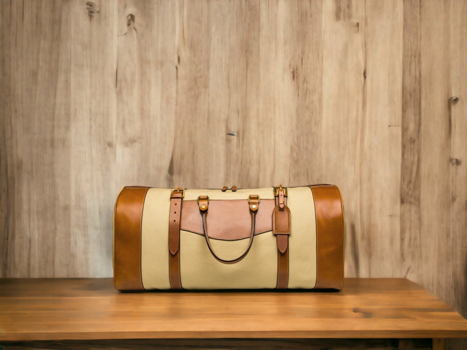 Cream Canvas - Tan Leather, Duffle Bag