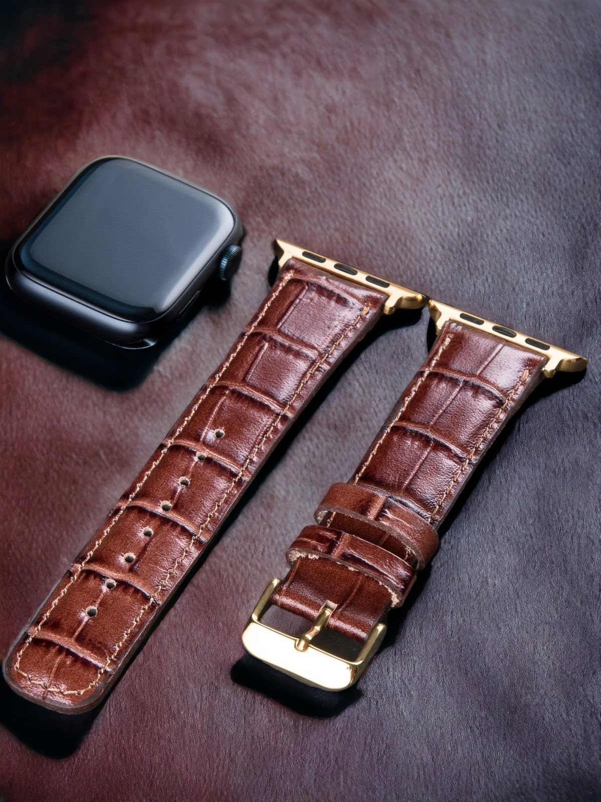 Crocodile Embossed Brown Leather Apple Watch Strap  99percenthandmade   